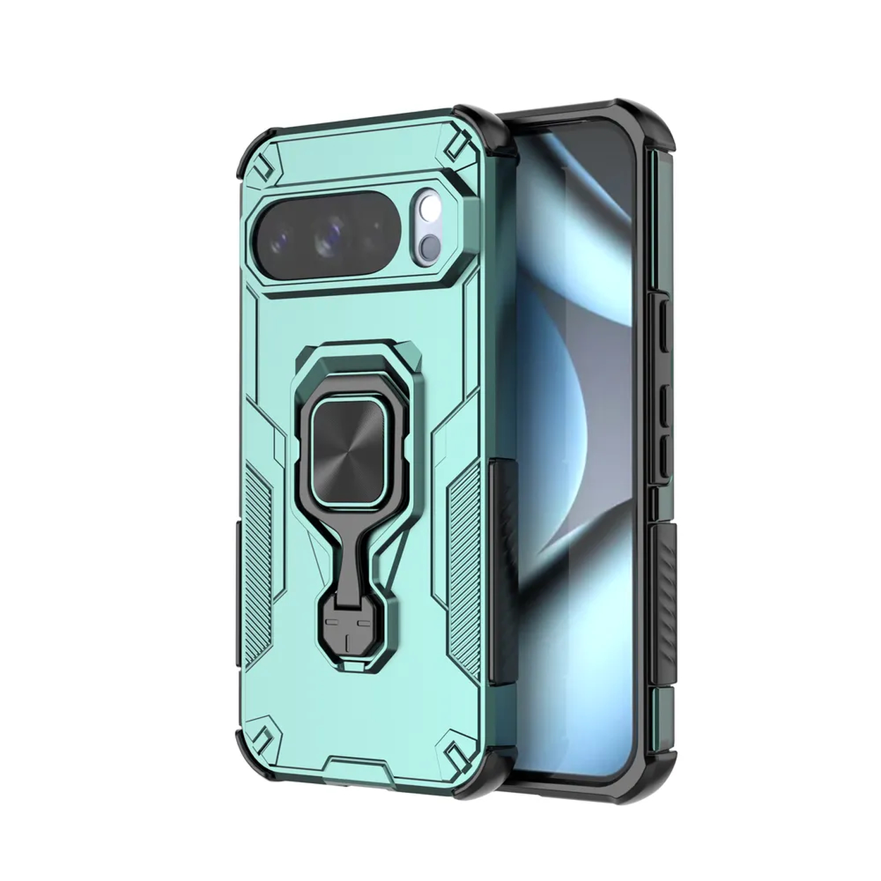 Een mintgroene telefoonhoes met een zwarte ringhouder, en een telefoonscherm is zichtbaar.