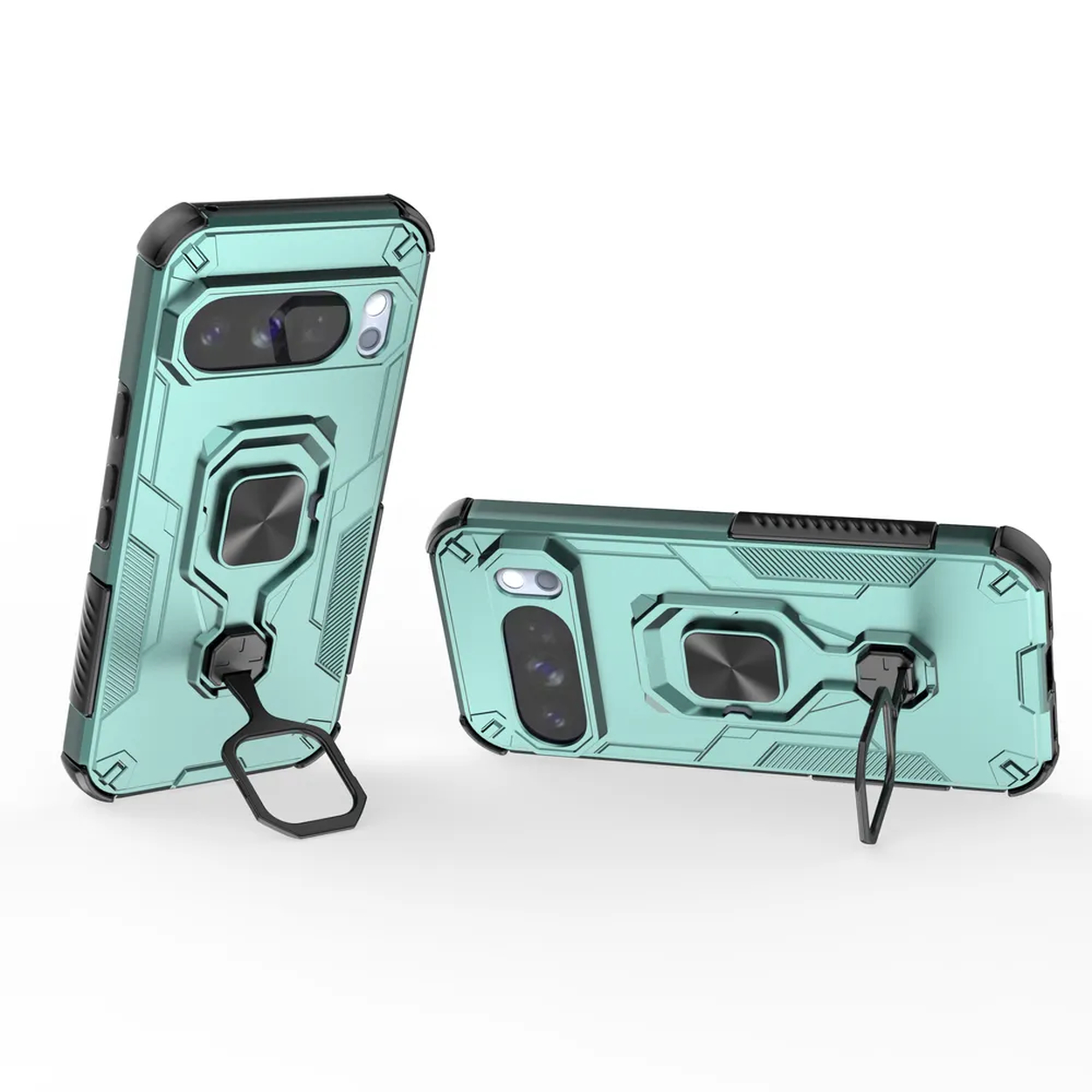 Twee turquoise telefoonhoesjes met zwarte accenten. Eén staat rechtop, de andere ligt. Beide hebben ringhouders.