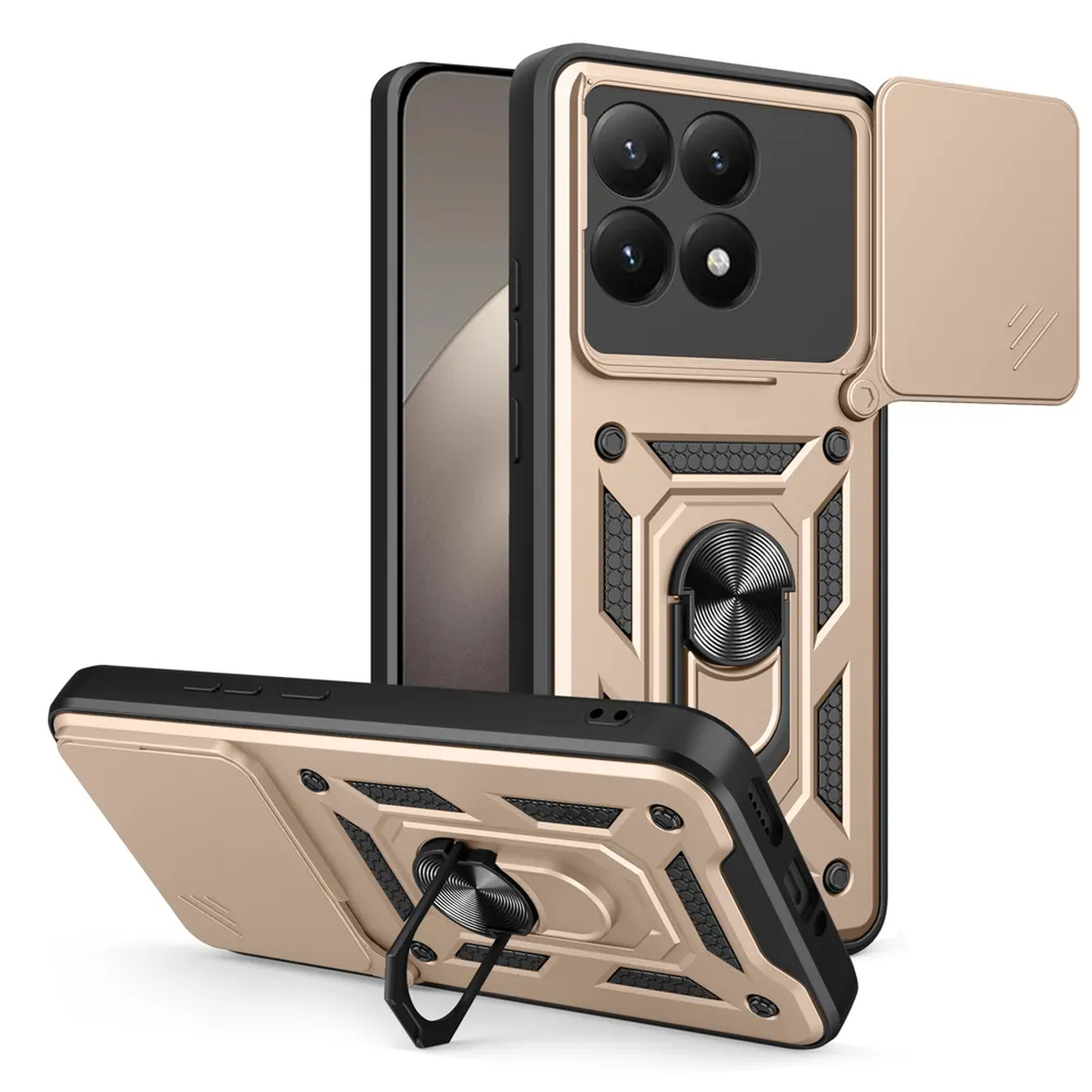 Une coque de téléphone dorée et noire avec cache caméra et support de bague. Un étui est ouvert, un autre fermé.