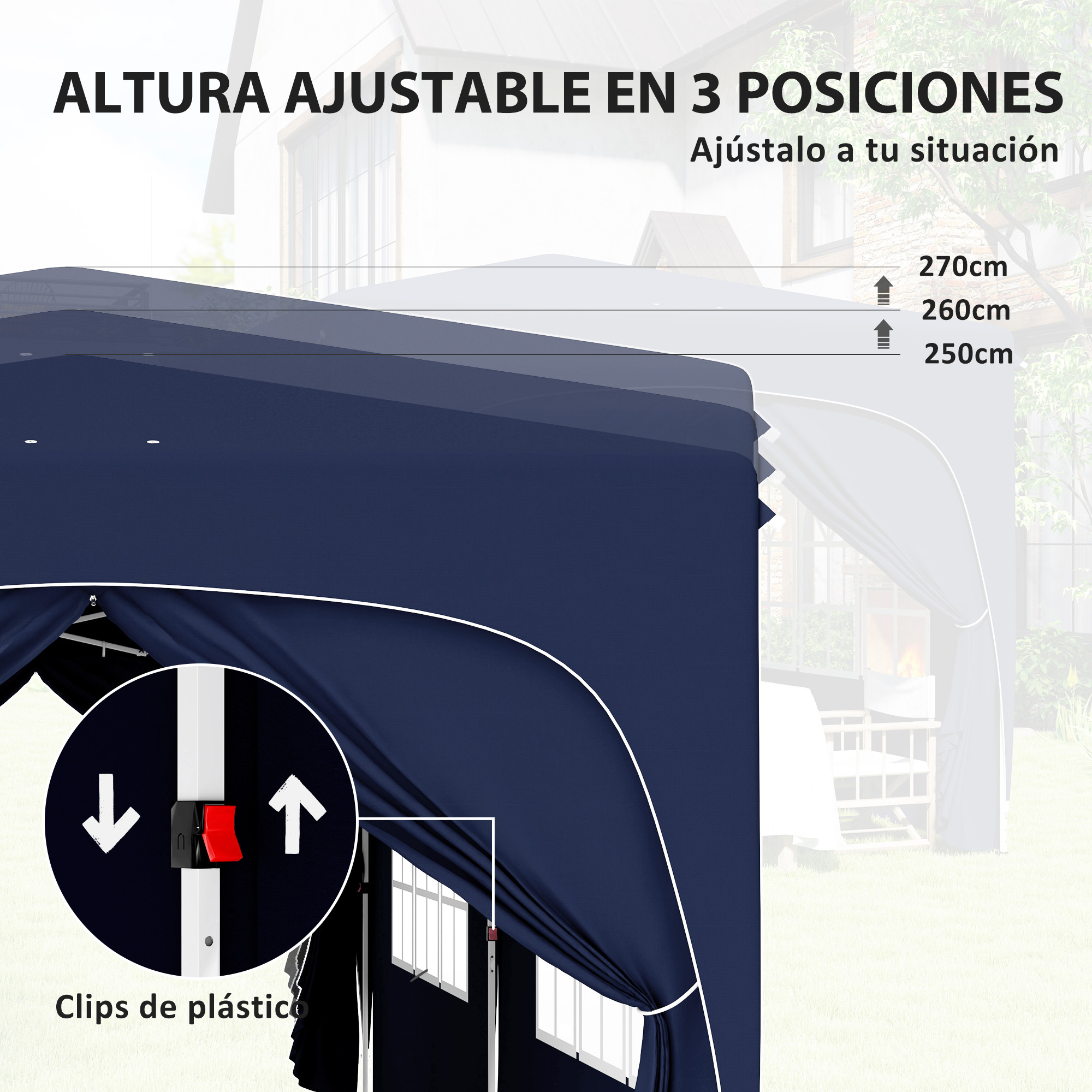 La imagen muestra un toldo de altura ajustable en azul marino con tres opciones de altura: 270 cm, 260 cm y 250 cm. Se ven clips de plástico.