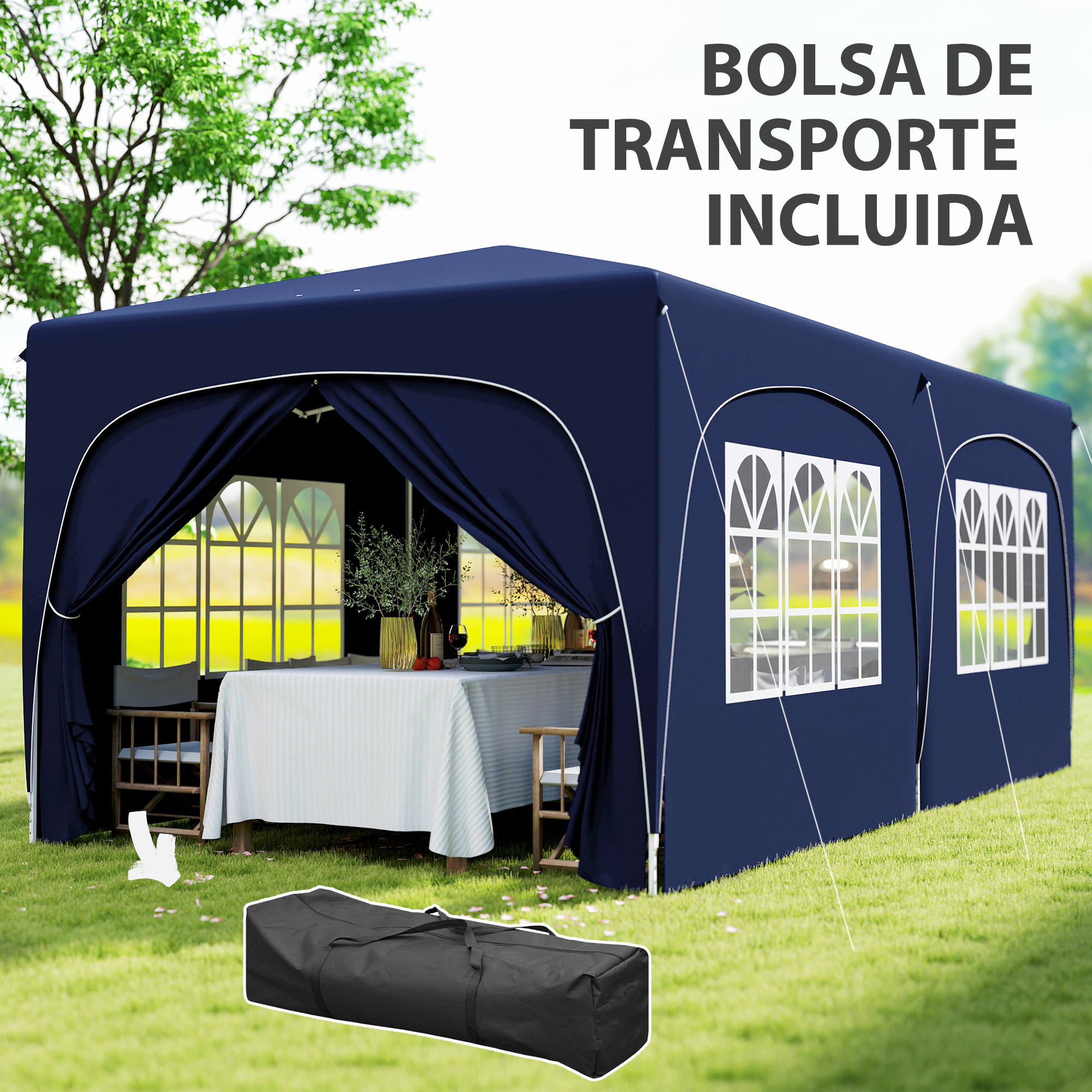 Una carpa azul marino sobre hierba verde con una mesa puesta adentro y una bolsa de transporte negra en primer plano.