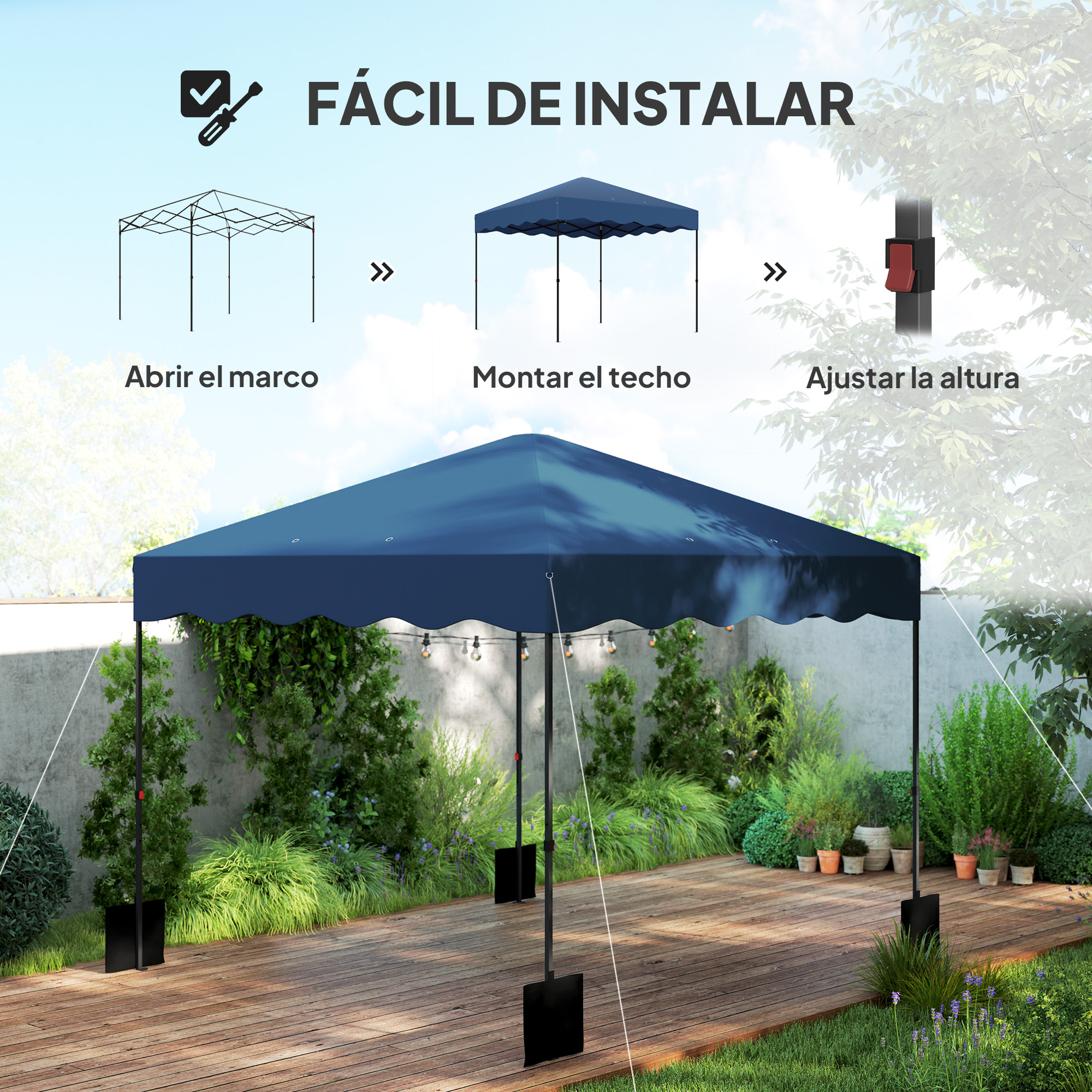 Montaje de un cenador azul en un jardín. Las instrucciones muestran la apertura del marco, el montaje del techo y el ajuste de altura.