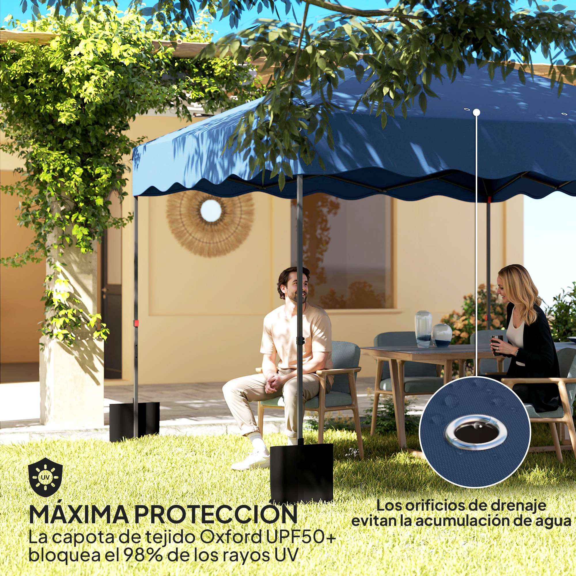 Una sombrilla azul protege a dos personas sentadas en una mesa. El texto dice 'Máxima Protección' y 'Protección UV'.