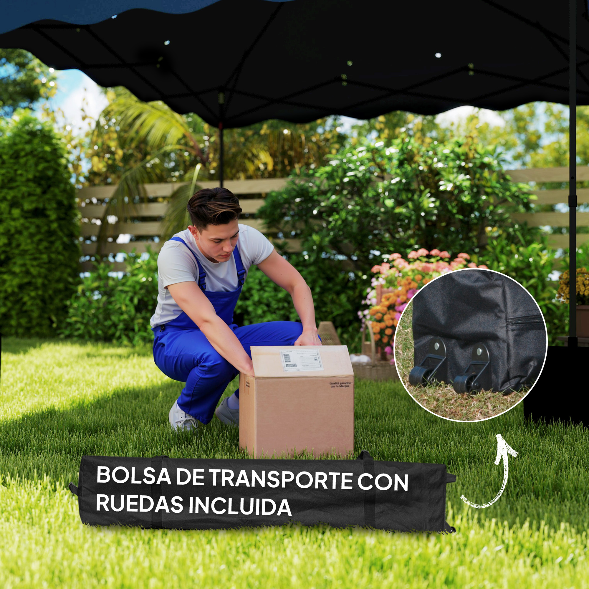 Un hombre con overoles azules se arrodilla, manejando una caja de cartón. También se ve una bolsa negra con ruedas.