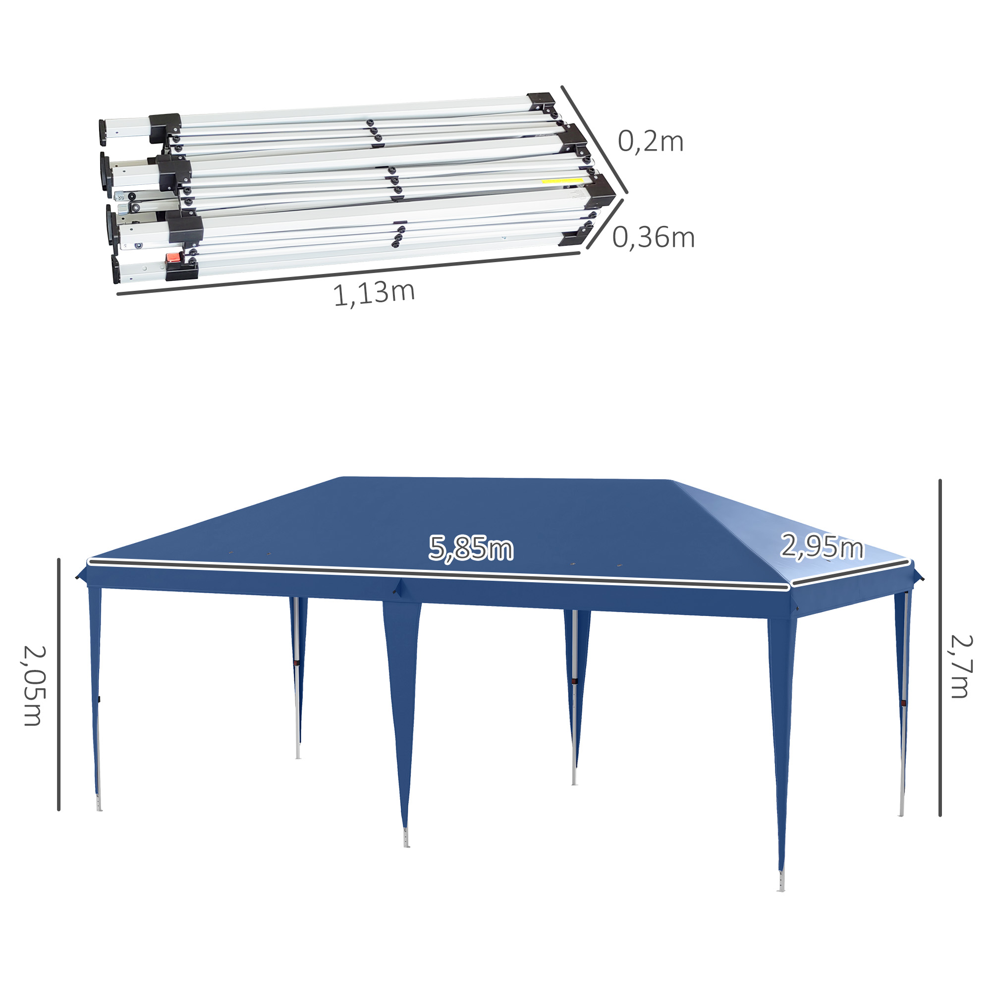 Una carpa azul desmontada con dimensiones indicadas. La carpa está plegada, otra imagen la muestra montada.