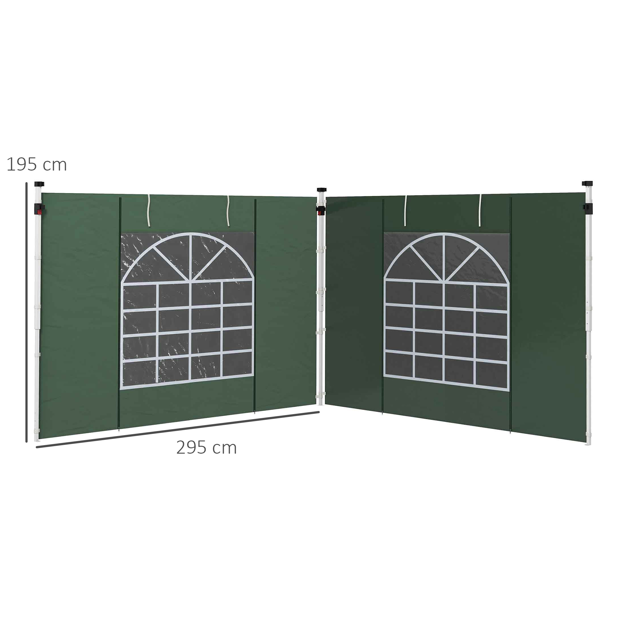 Paneles verdes de tienda con ventanas arqueadas, marcos blancos y medidas. Dos paneles conectados.