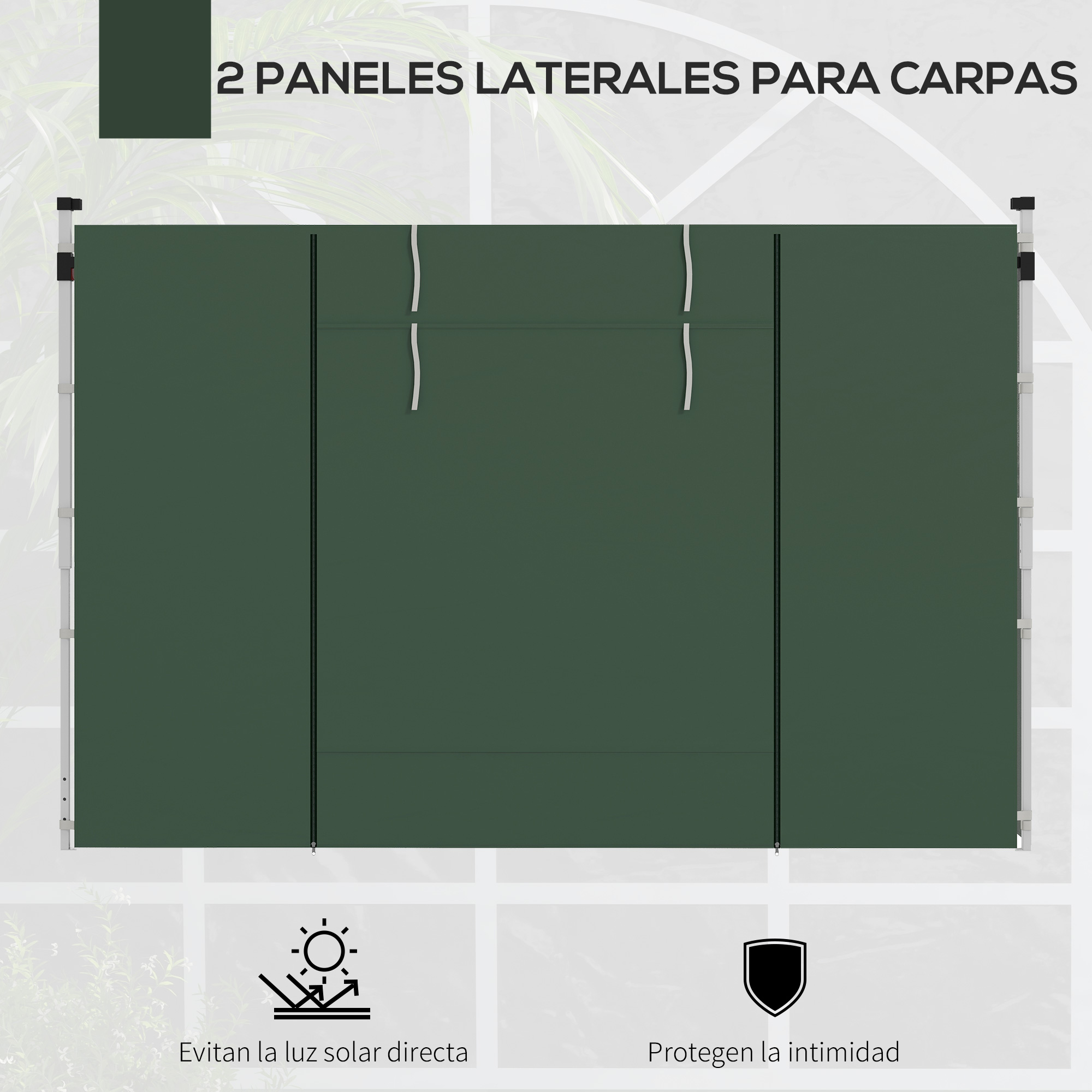 Paneles verdes para carpas con soportes blancos. Texto: '2 paneles laterales para carpas' y 'protegen la privacidad'.