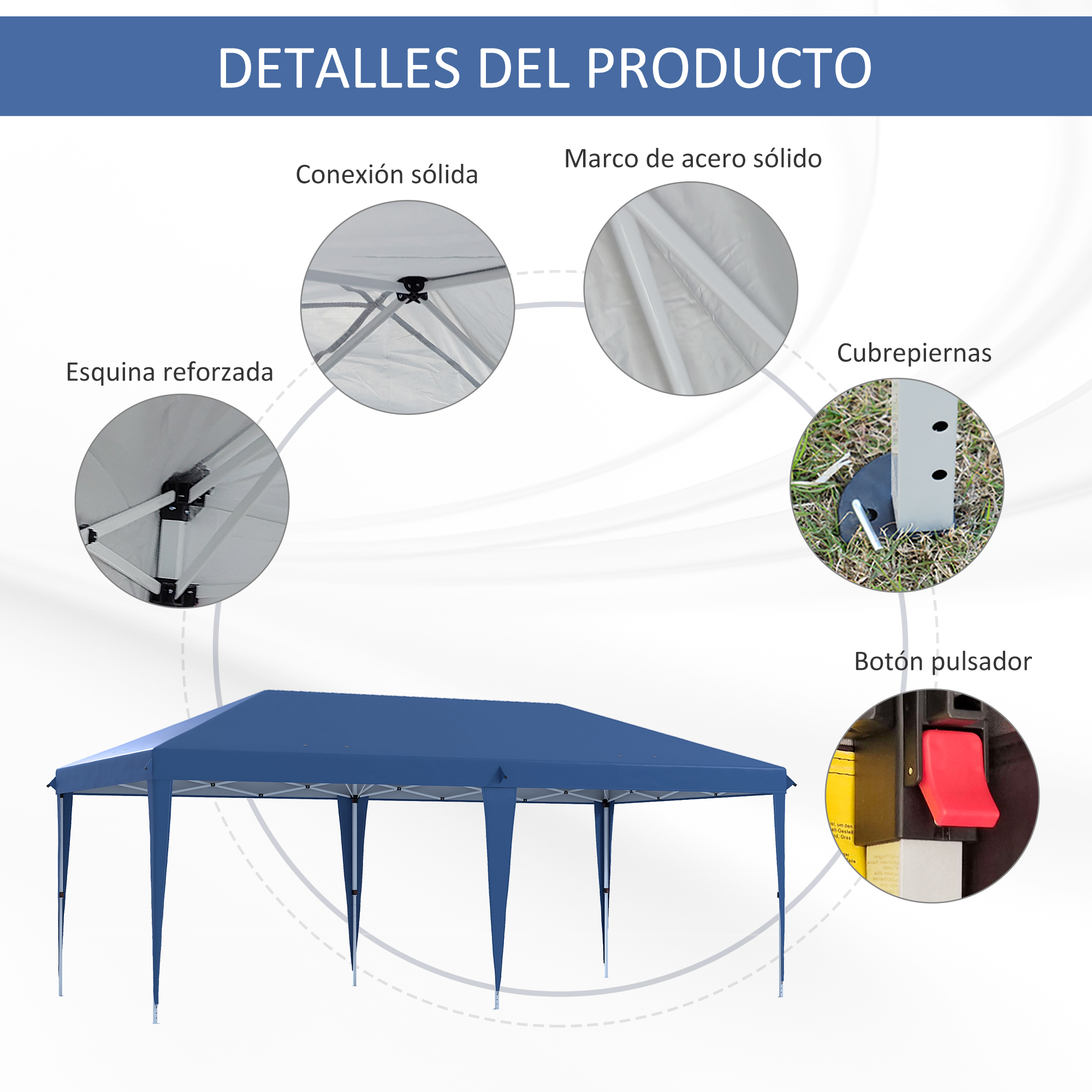 Una carpa azul con vistas detalladas de sus componentes: esquinas reforzadas, marco de acero, conexión sólida, cubiertas de patas y un botón.