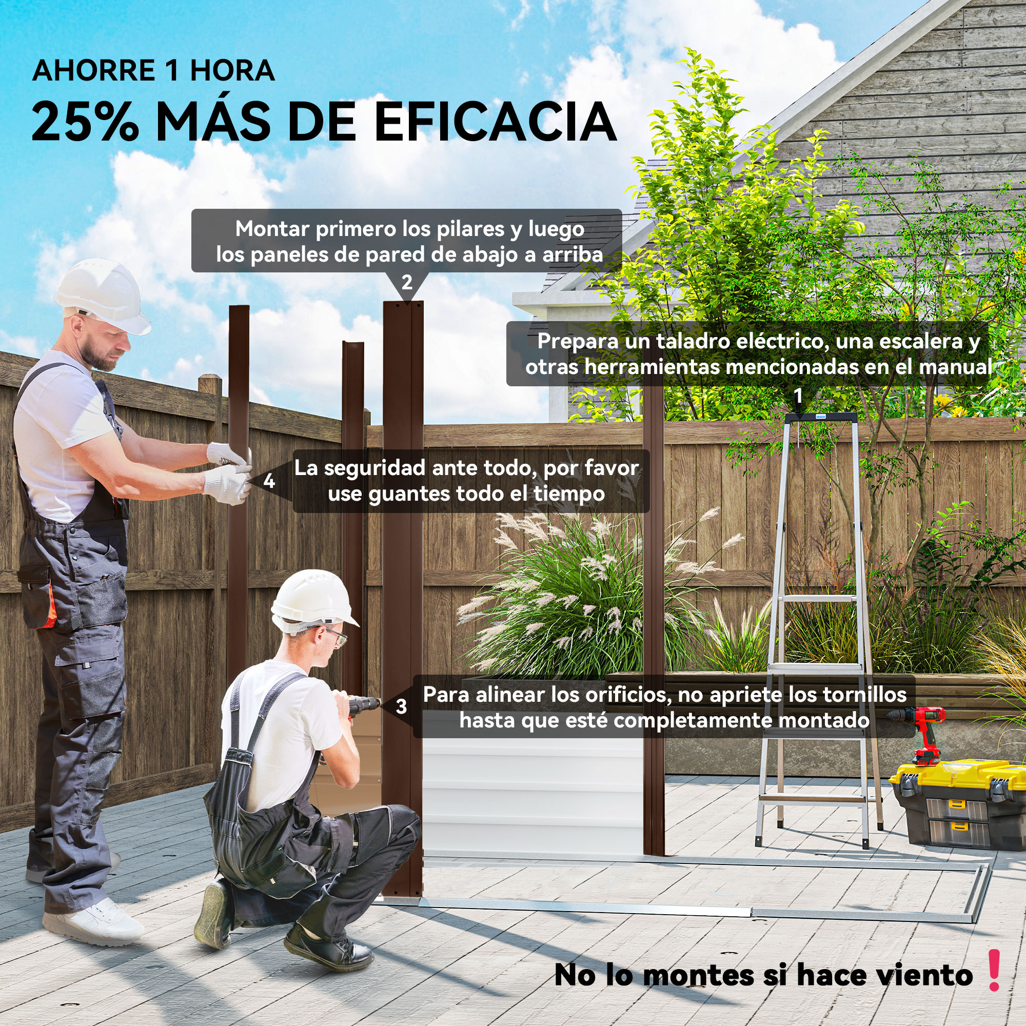 Dos hombres ensamblan una estructura. Uno sostiene una viga, el otro taladra. Instrucciones y herramientas visibles. ¡Seguridad!