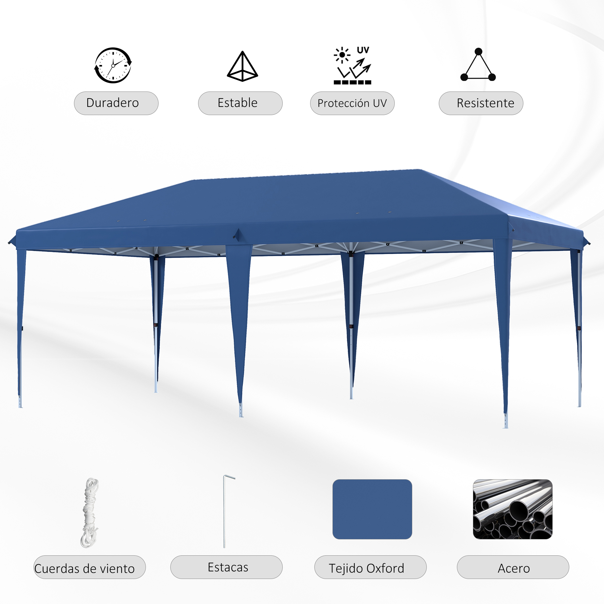 Una carpa azul con etiquetas de texto: duradera, estable, protección UV, resistente. Accesorios: cuerdas, estacas, acero.