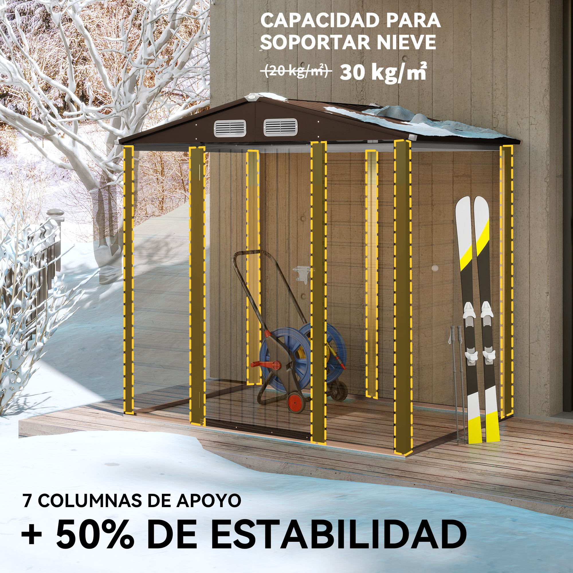 Un cobertizo marrón en un entorno nevado. Tiene equipo de esquí y un carrete de manguera. El texto indica la capacidad de carga de nieve.
