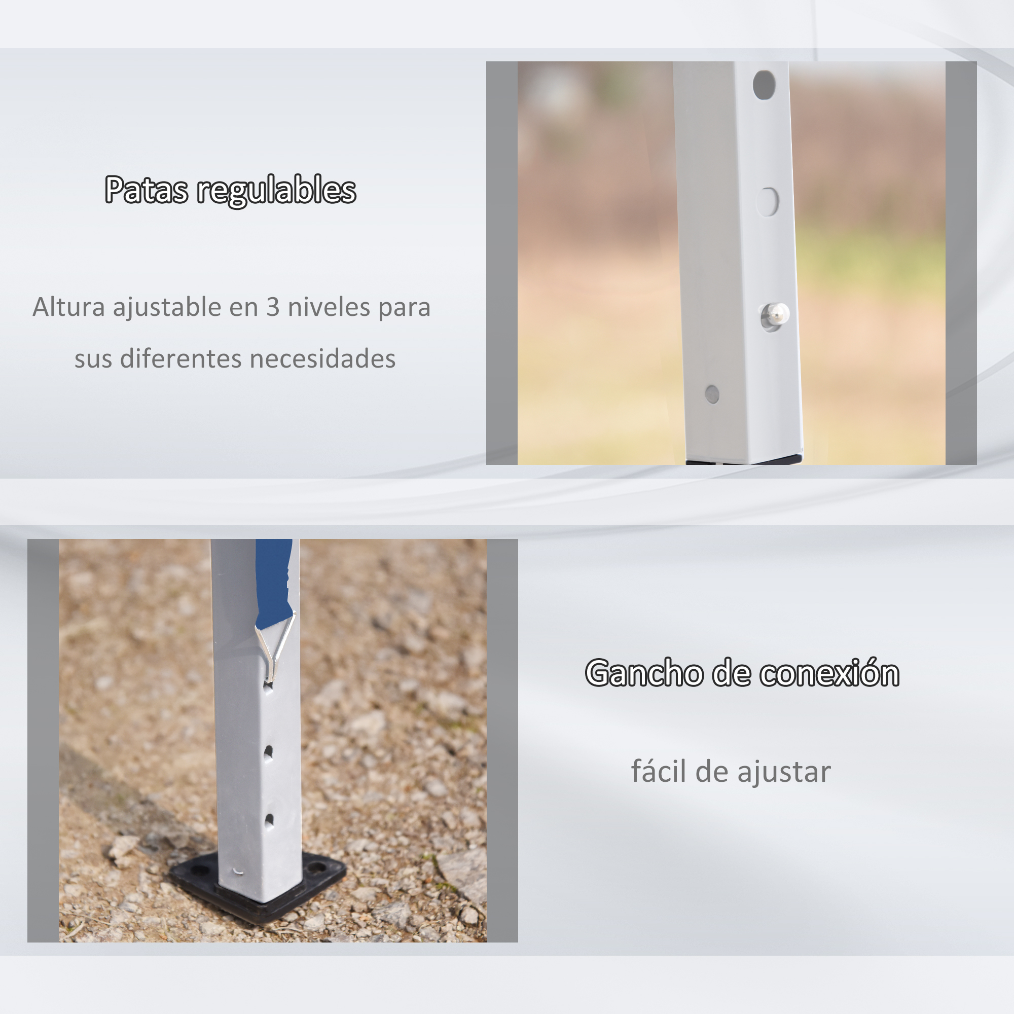 Pata de tienda ajustable, con gancho de conexión y altura regulable. Texto en español: patas regulables, gancho de conexión.