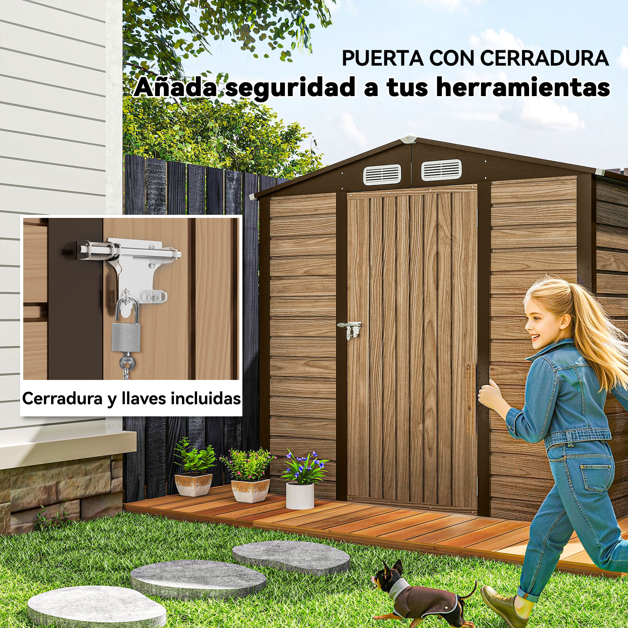 Una niña corre junto a un cobertizo de madera, un perro en la hierba. El cobertizo tiene cerradura y llave.