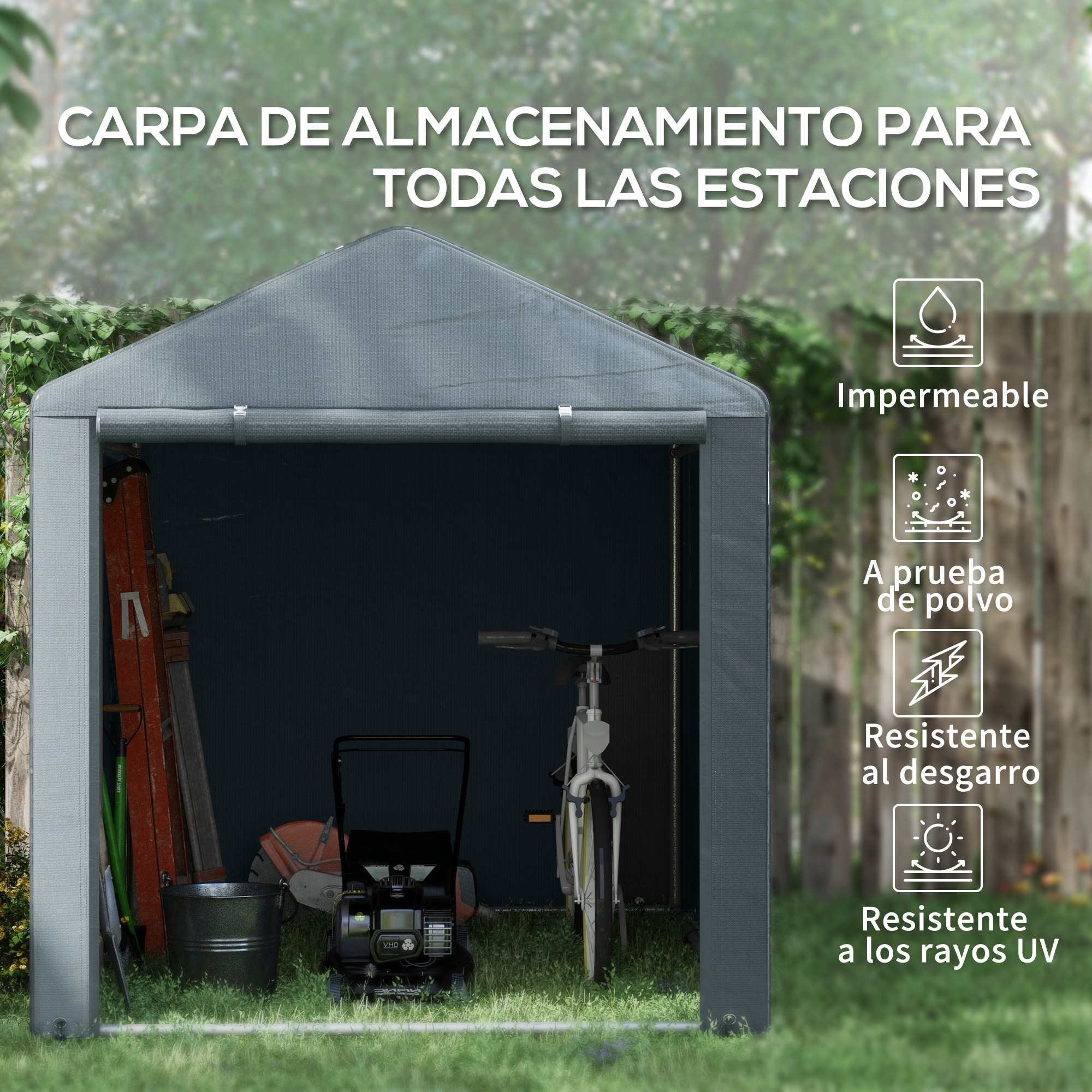 Un cobertizo de almacenamiento gris con herramientas y una bicicleta adentro, sobre césped. Características: impermeable y resistente a UV.