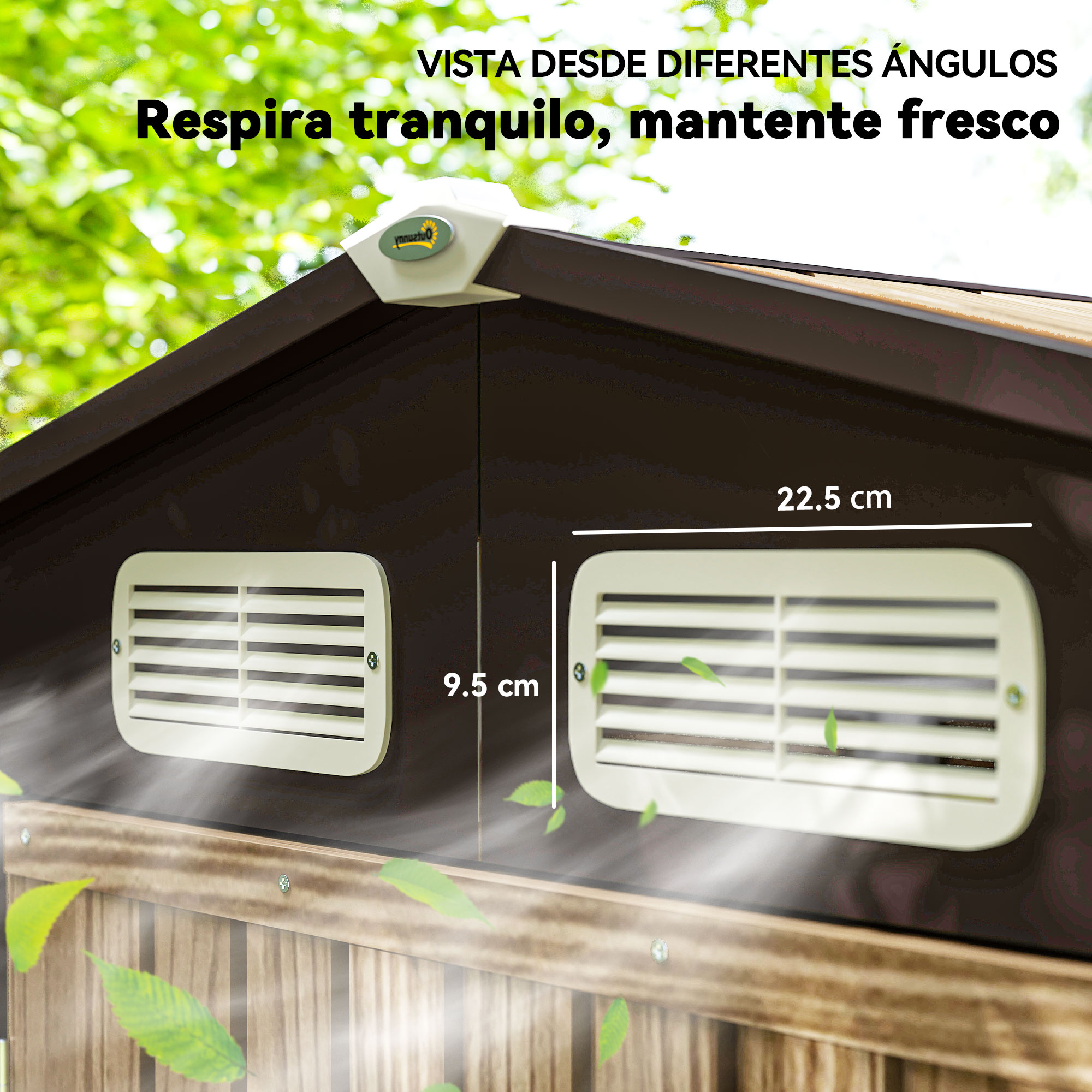 Una estructura marrón con rejillas blancas. Se muestran las dimensiones. Hojas verdes en primer y segundo plano.