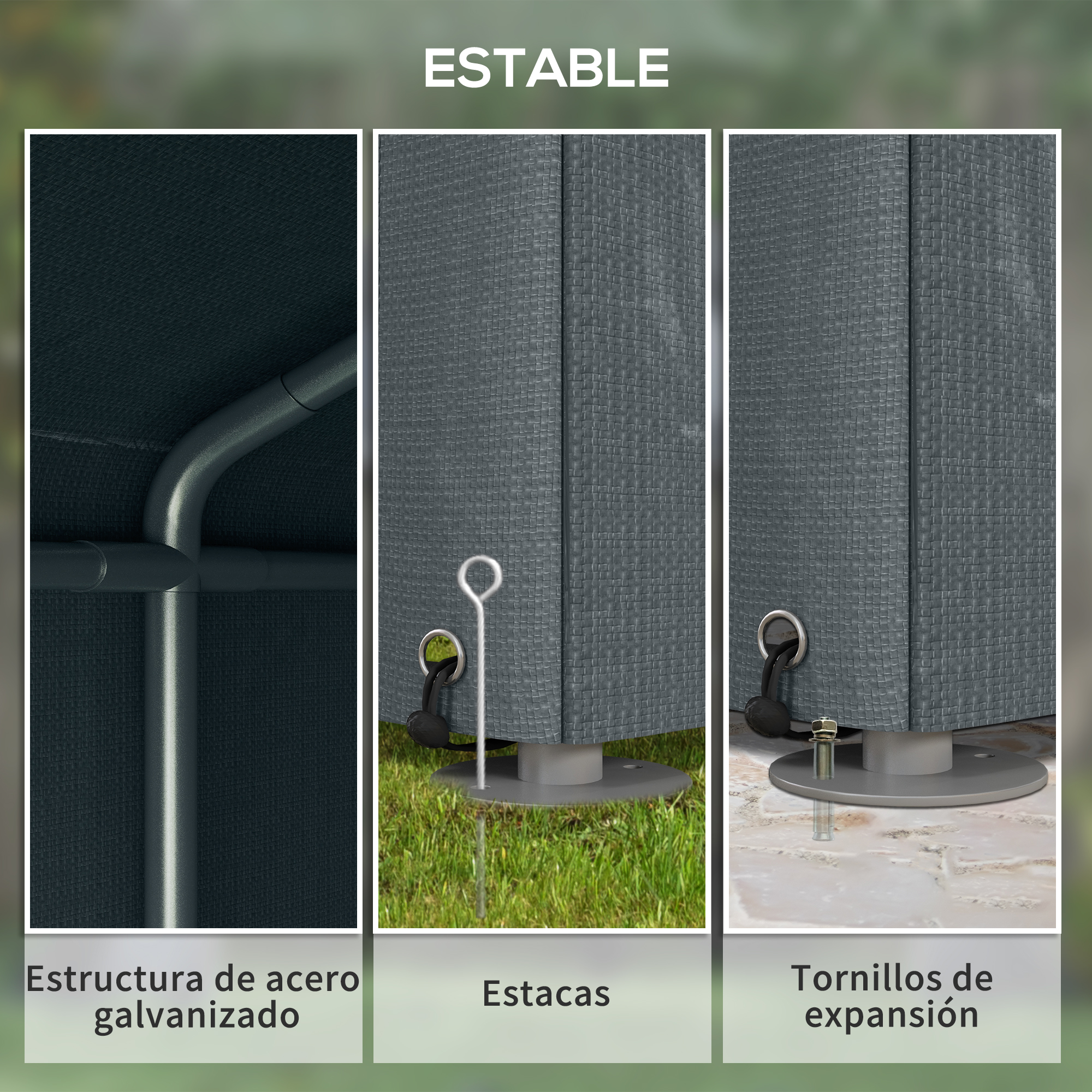 La imagen muestra partes de una estructura. Se muestran un marco de acero galvanizado, estacas y tornillos de expansión con etiquetas.