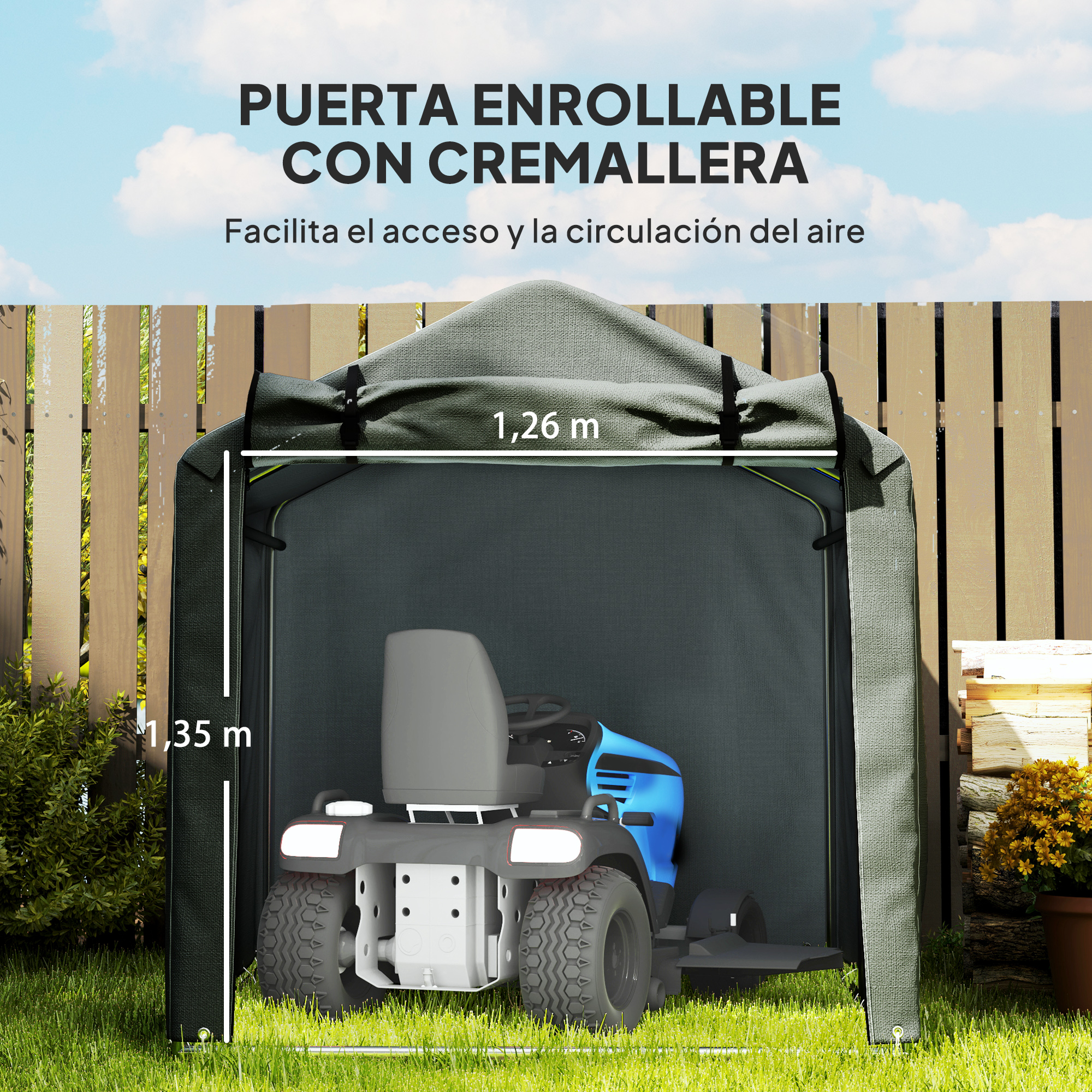 Un cobertizo verde alberga un tractor azul y gris. Valla y cielo al fondo. Se proporcionan dimensiones.