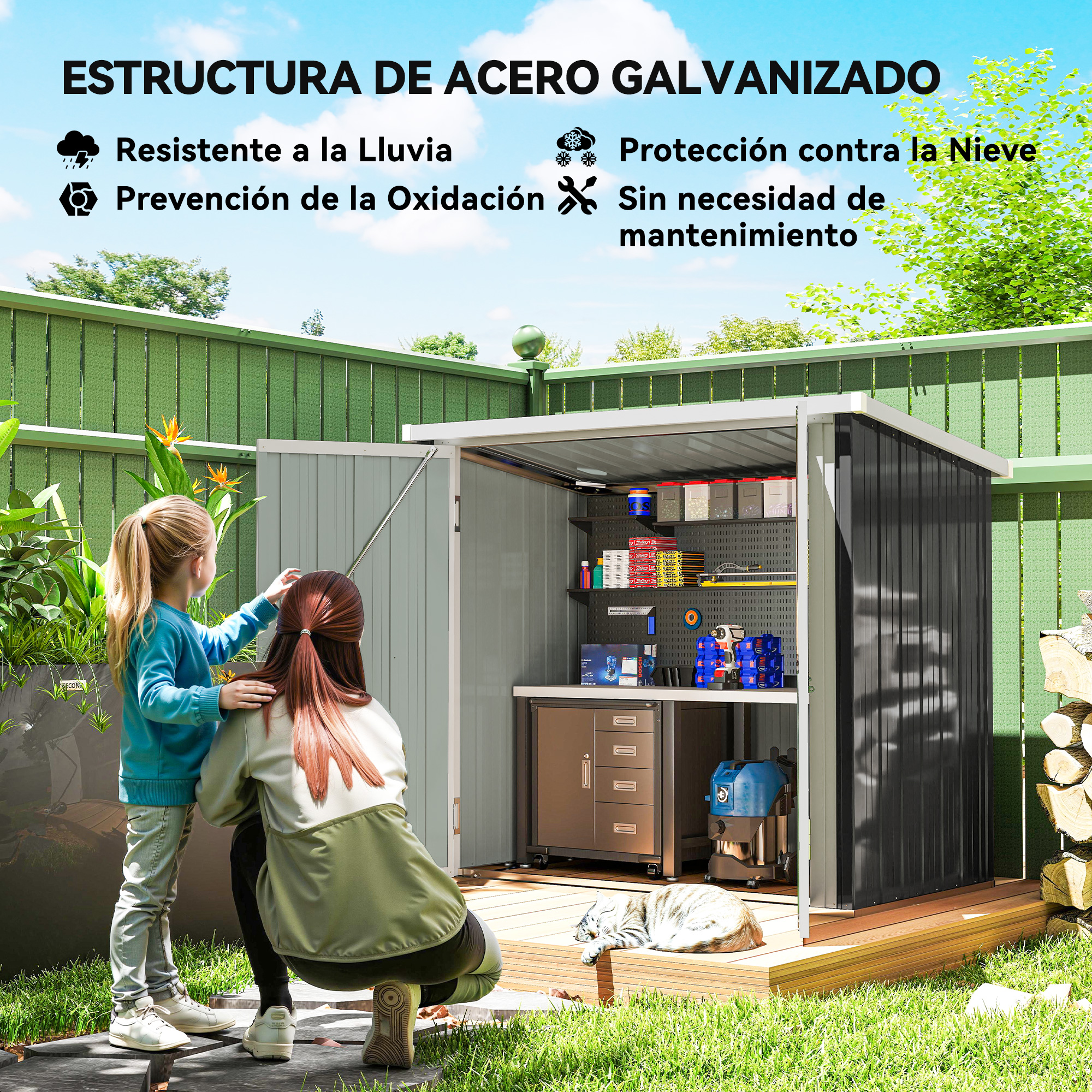 Una mujer y una niña miran un cobertizo. El cobertizo es gris y negro con herramientas y almacenamiento dentro.