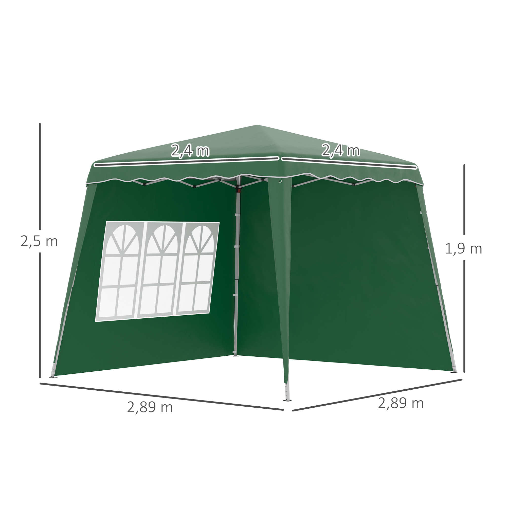 Una glorieta verde con borde blanco, ventanas y dimensiones: 2,89 m x 2,89 m, altura 2,5 m, altura de pared 1,9 m.