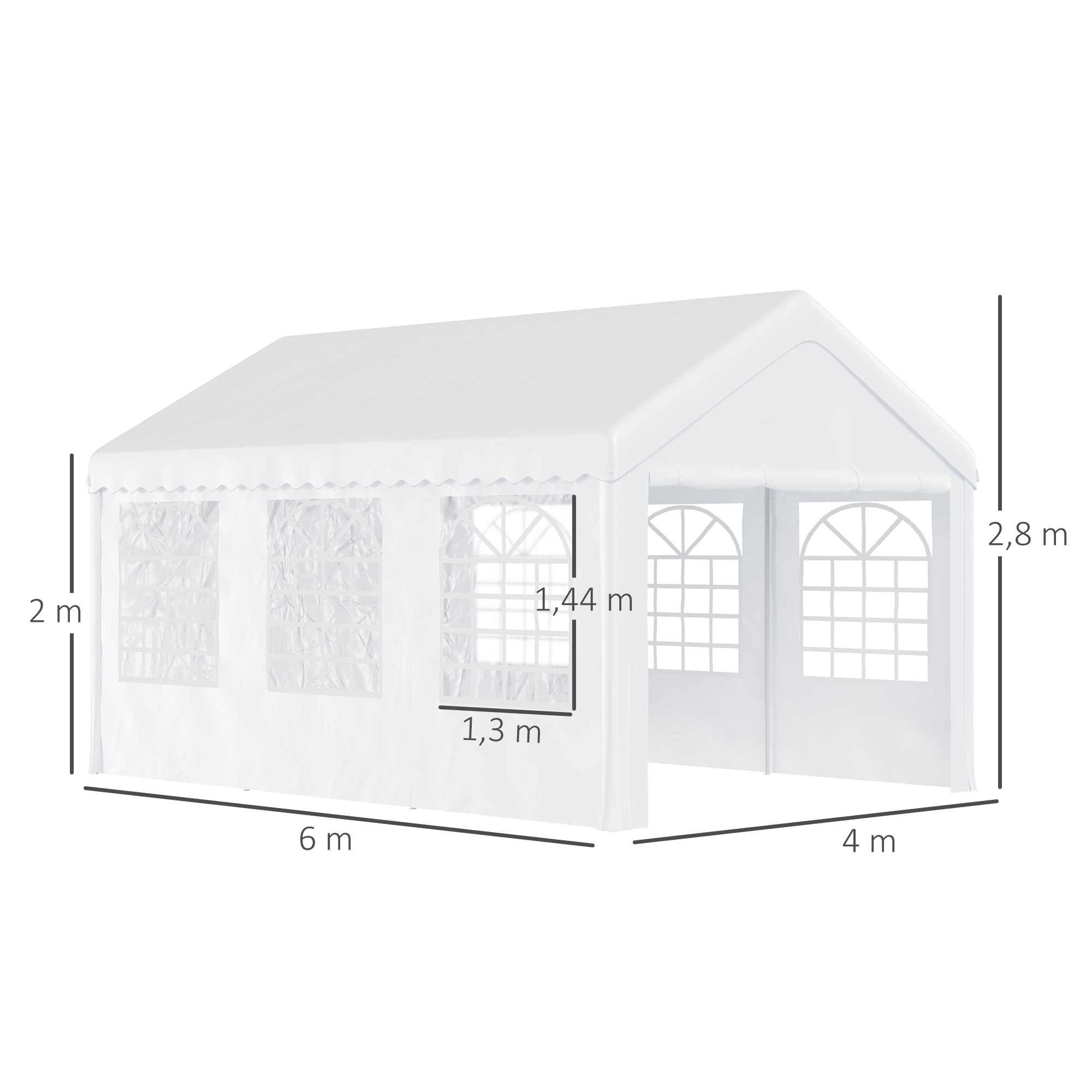 Tienda rectangular blanca con dimensiones etiquetadas. Tiene ventanas y puertas, con medidas de 6m x 4m x 2,8m.