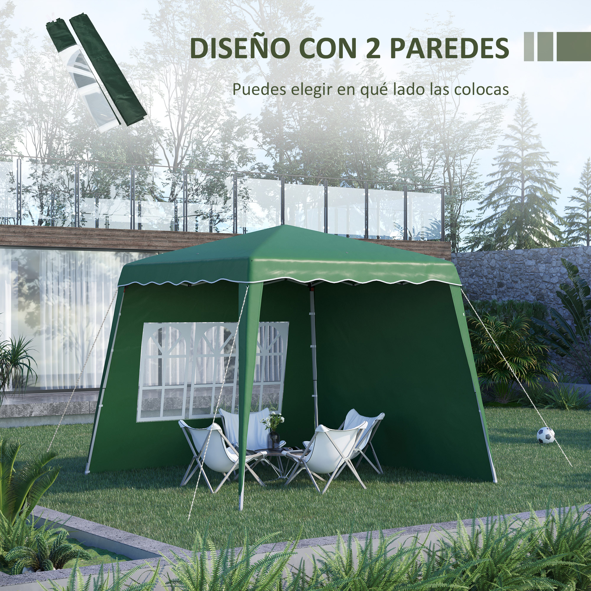 Tienda verde con sillas y mesa blancas sobre hierba. Se ve un balón de fútbol. Árboles y una casa al fondo.