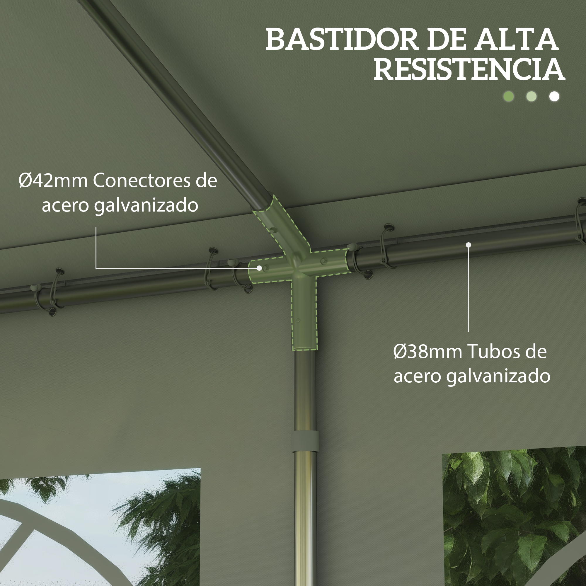 Una estructura metálica con tubos y conectores de acero galvanizado. Etiquetas de texto detallan dimensiones y propiedades del material.