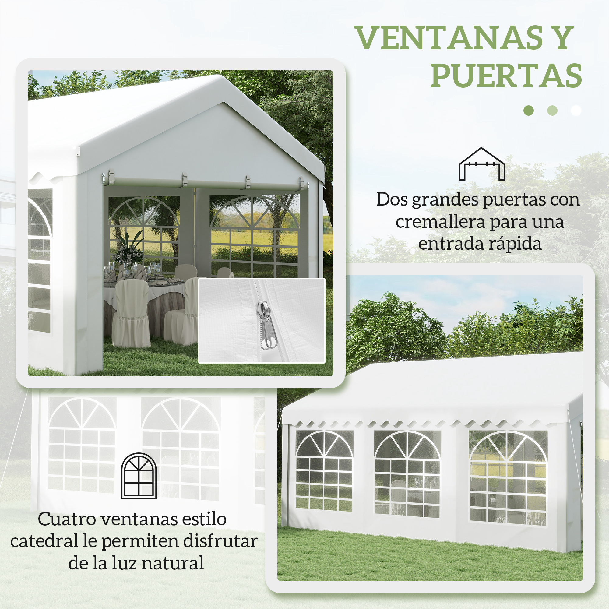 Tienda blanca con ventanas catedralicias. Cuenta con puertas con cremallera, luz natural y una mesa de comedor dentro.