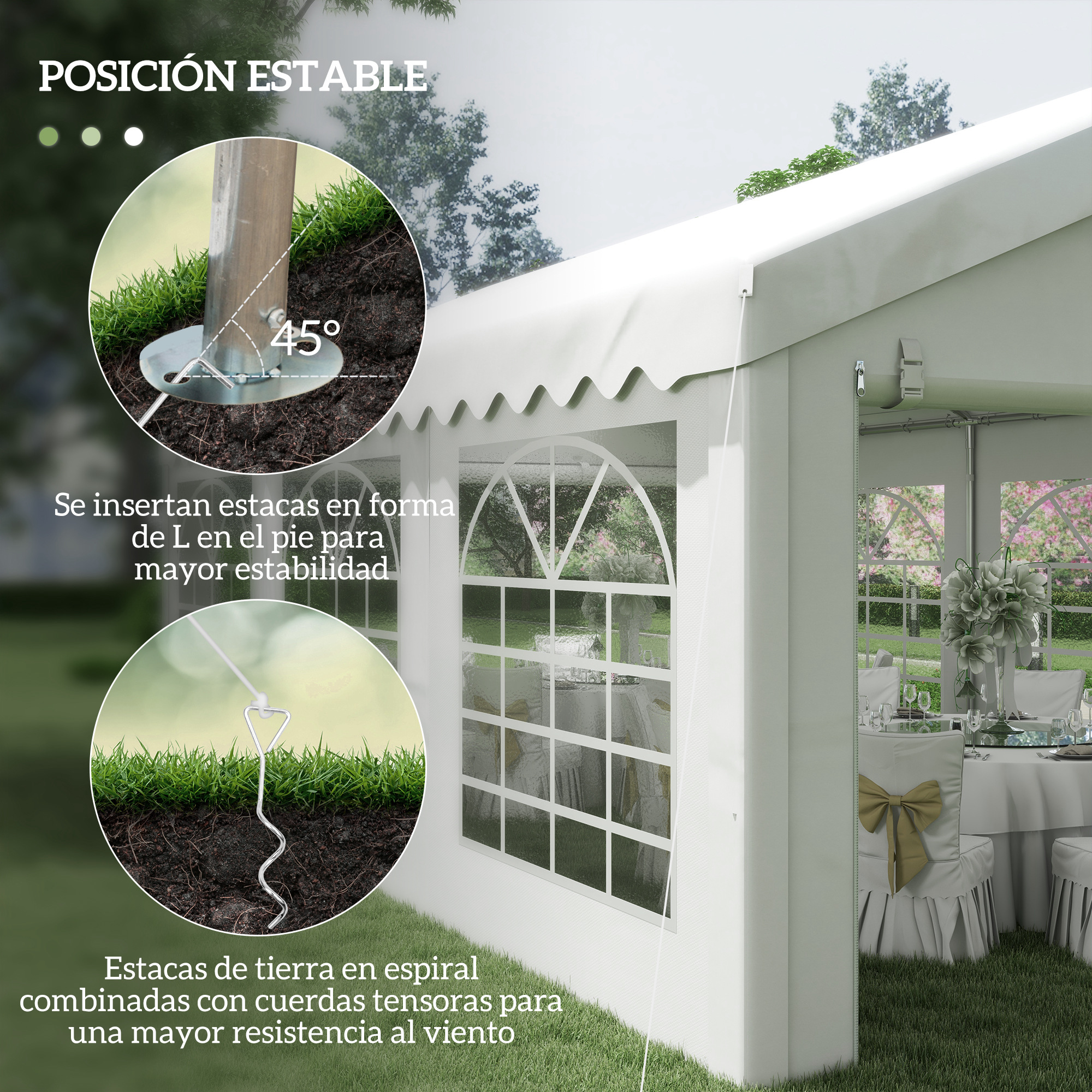 Una carpa blanca con diagramas que muestran la instalación de estacas en el suelo. En el interior, se ve una mesa decorada.