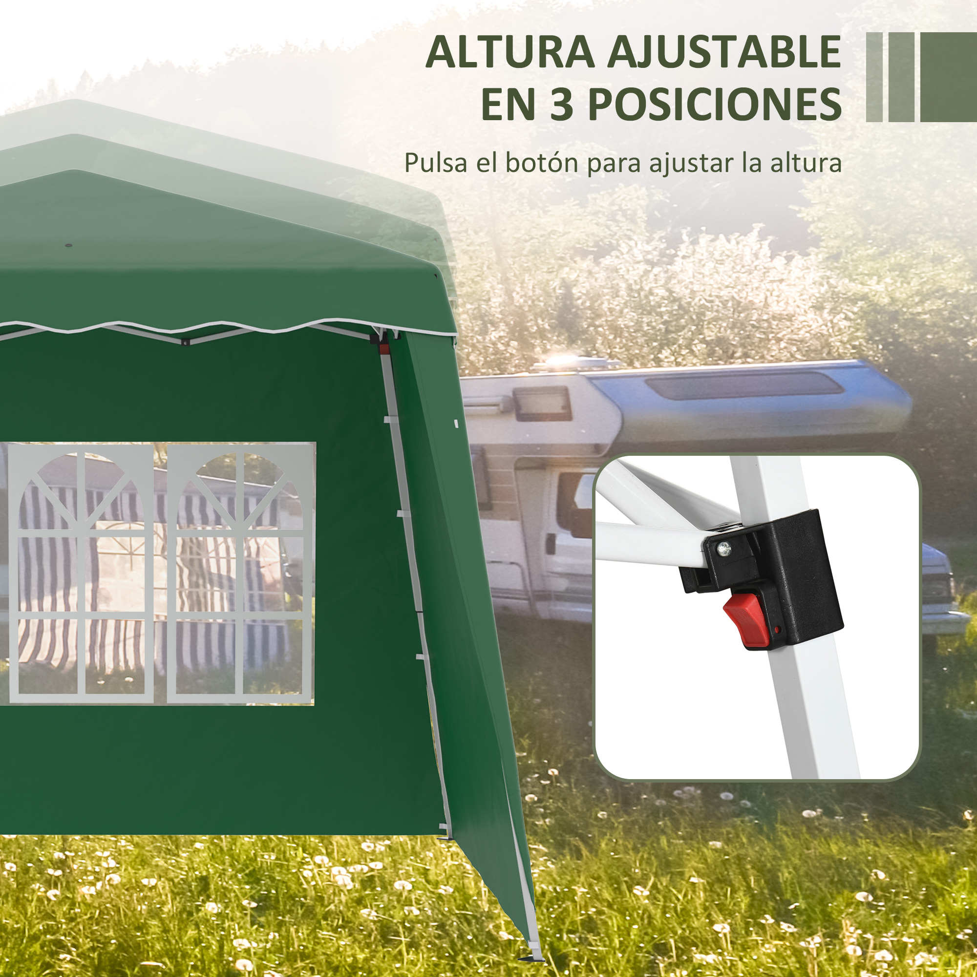 Tienda verde con marco blanco, una ventana y un botón rojo. El fondo muestra una caravana en un campo soleado.