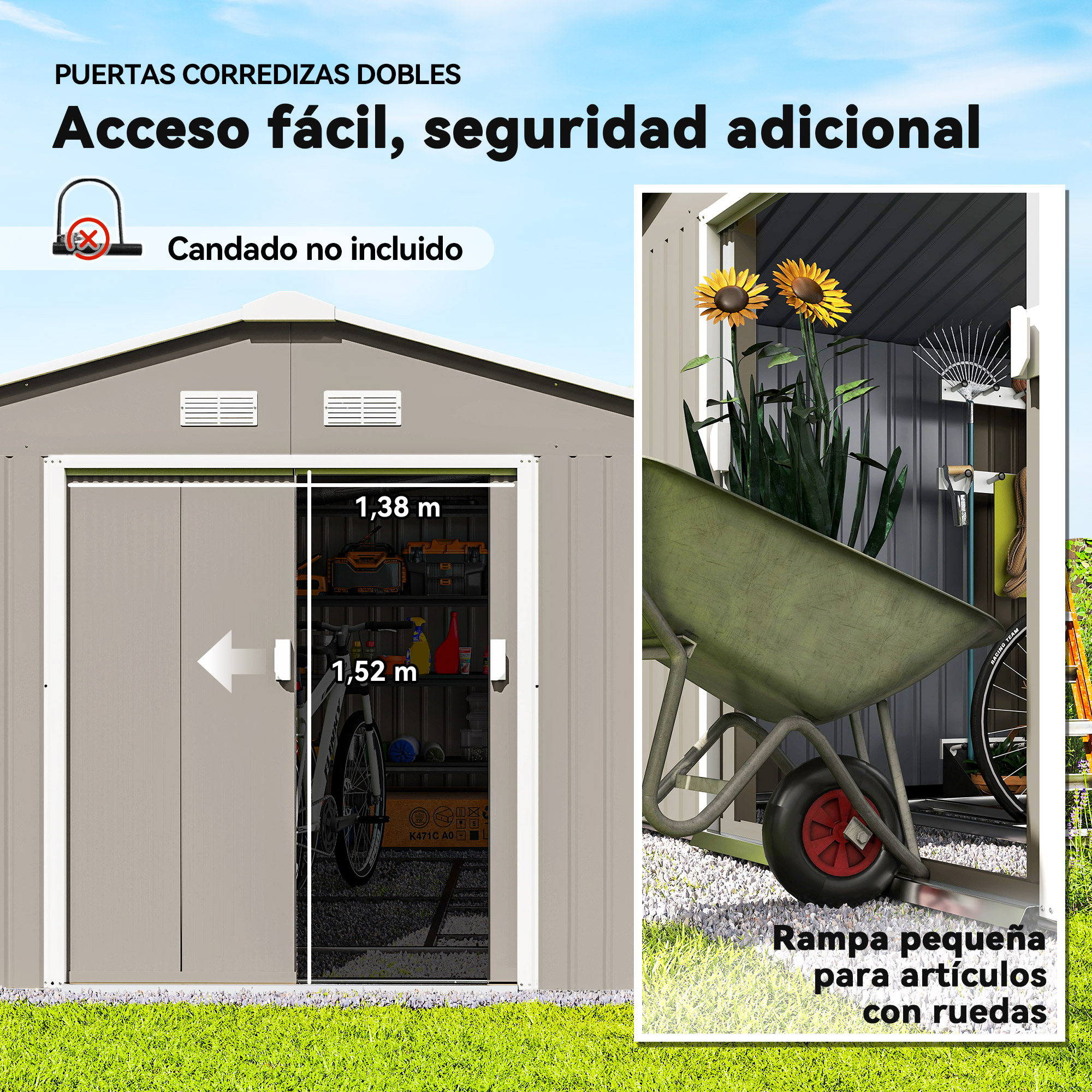 Un cobertizo gris con puertas correderas. En el interior hay herramientas y una bicicleta. Una carretilla con girasoles está afuera.