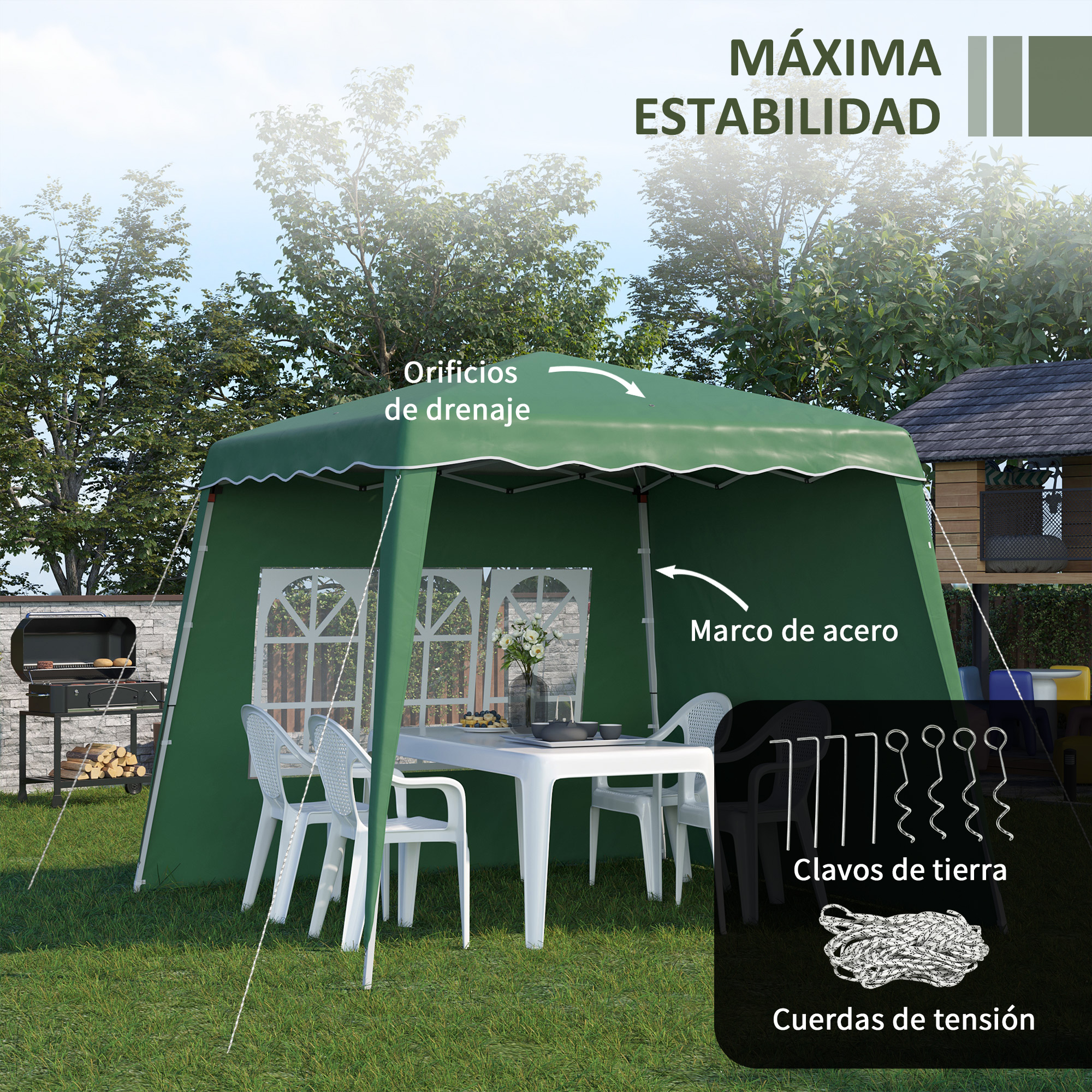 Un cenador verde con una mesa y sillas está en un jardín. También se ven una parrilla y una casita de madera.