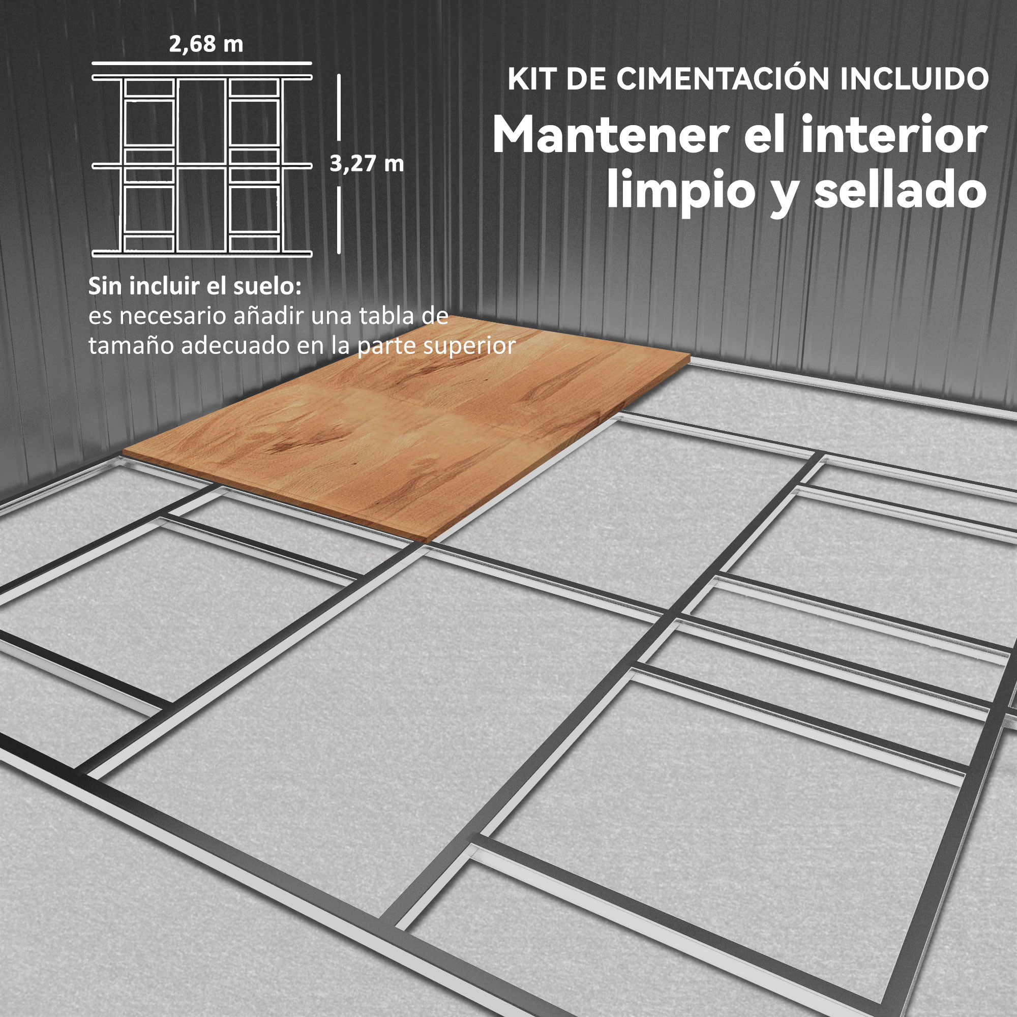 Diagrama de estructura con dimensiones, texto en español sobre el kit y mantener el interior limpio.