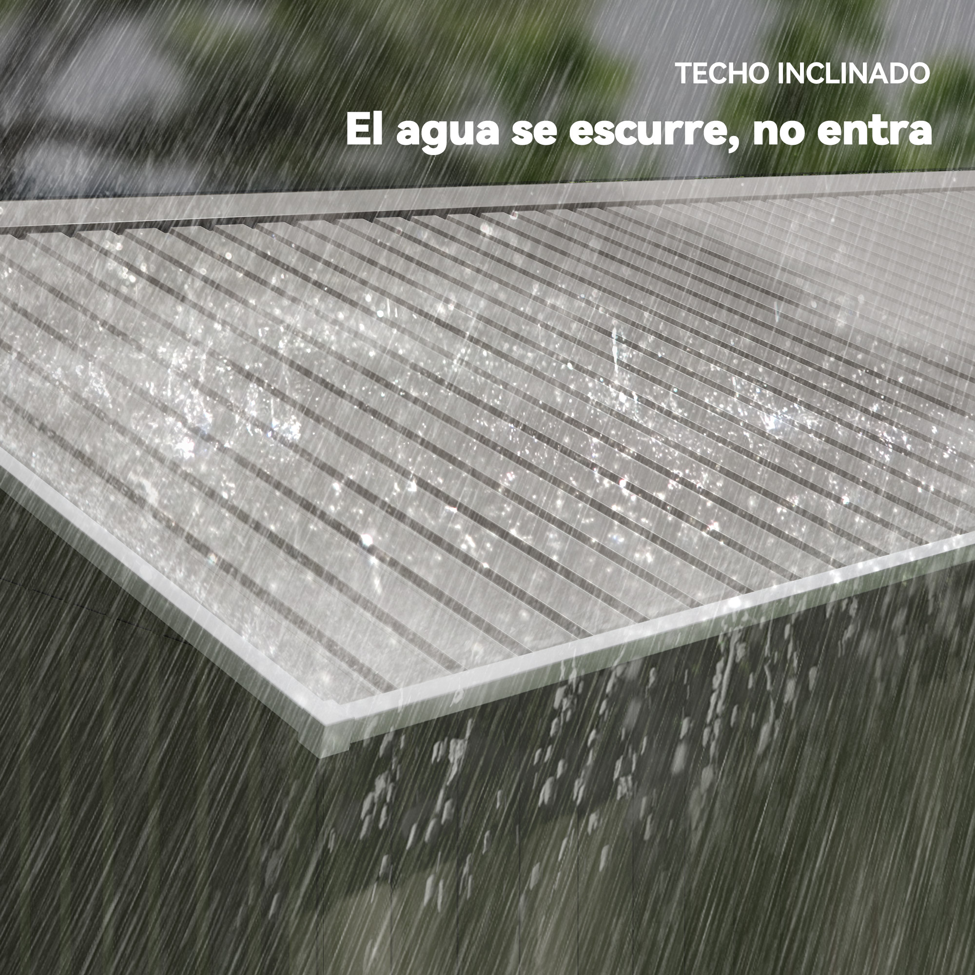 Lluvia cayendo sobre un tejado inclinado. El agua escurre del tejado. El tejado es blanco y tiene líneas paralelas.
