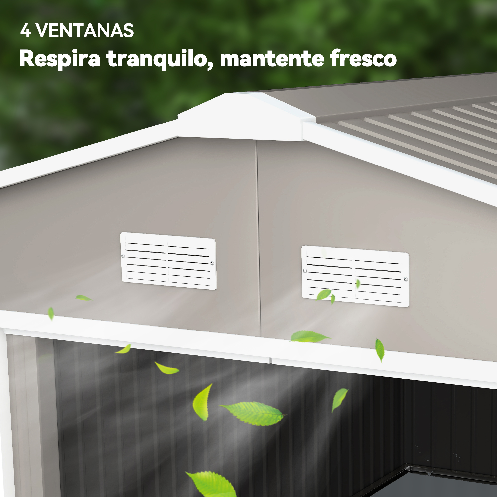 Un cobertizo gris con cuatro ventilaciones. Hojas verdes flotan en el aire. El texto dice '4 ventanas, respira, mantente fresco'.