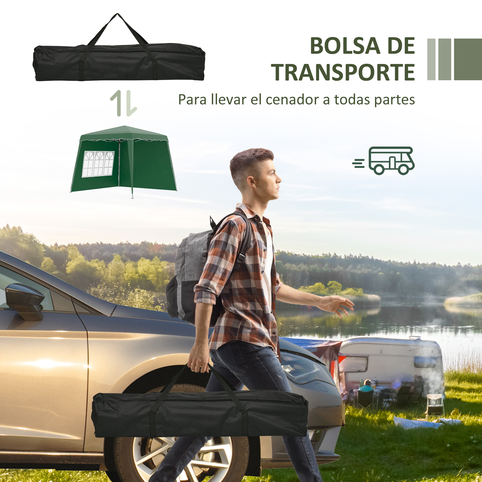 Un hombre con mochila lleva una bolsa negra cerca de un coche y un lago con un remolque.