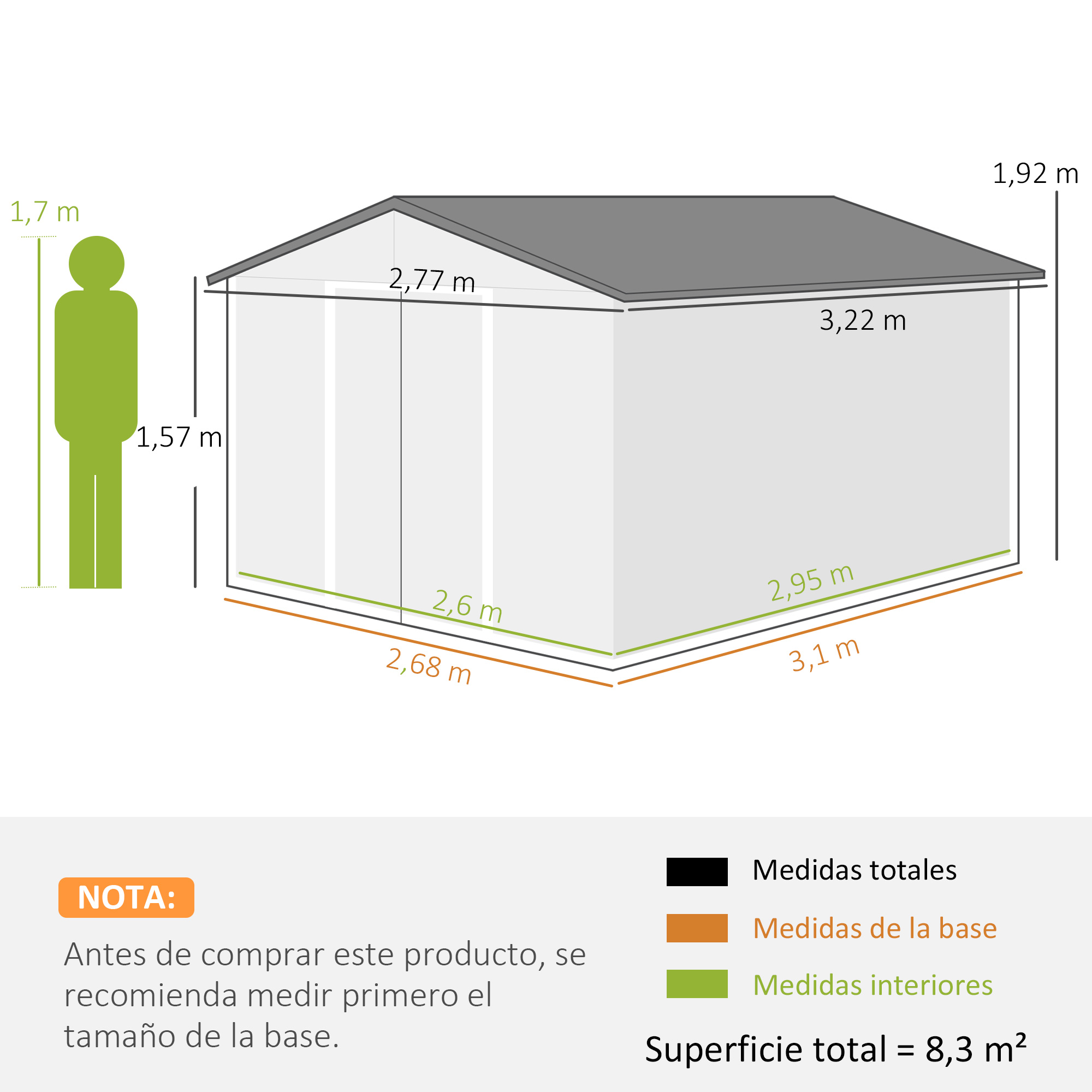 Diagrama de un cobertizo pequeño con dimensiones en metros, incluyendo altura, ancho y medidas de la base.