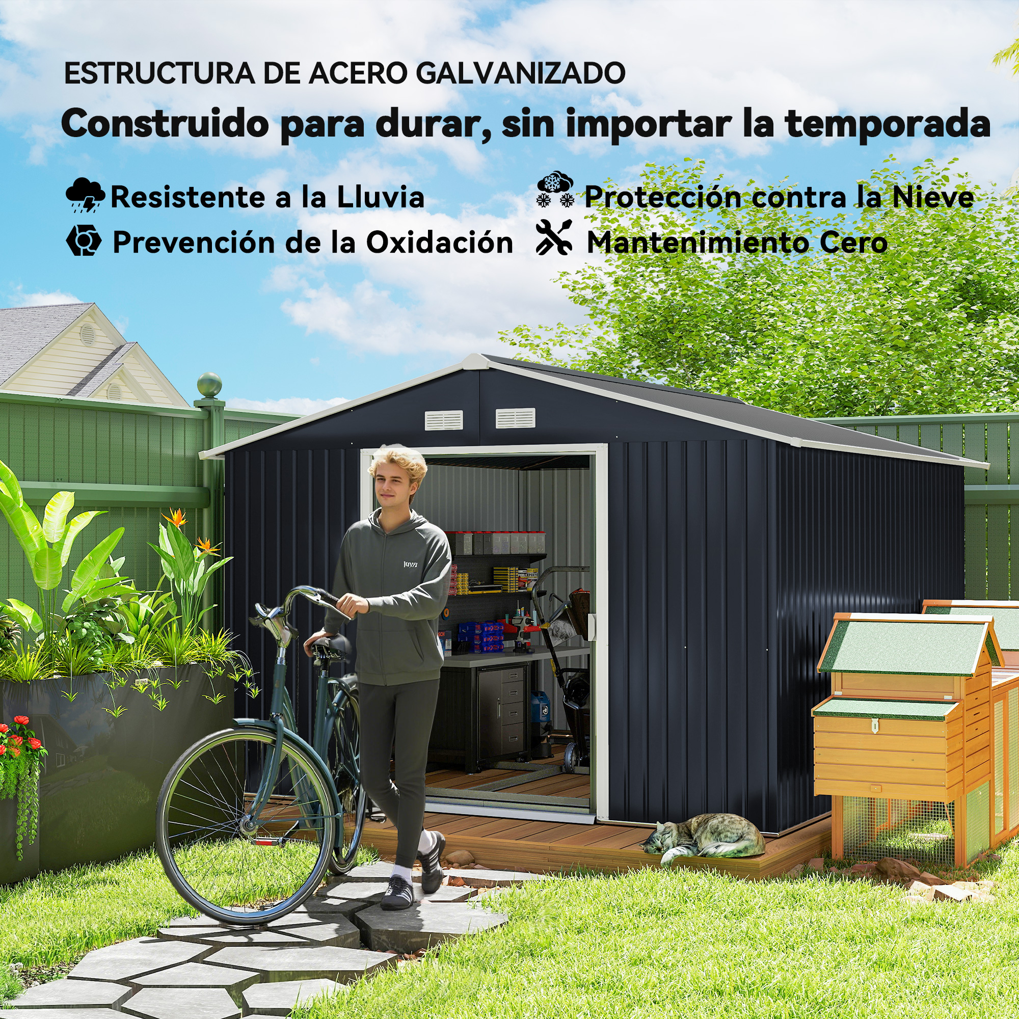 Un hombre con una bicicleta está junto a un cobertizo oscuro. Un gato y un gallinero están en el césped. El texto menciona resistencia al clima.