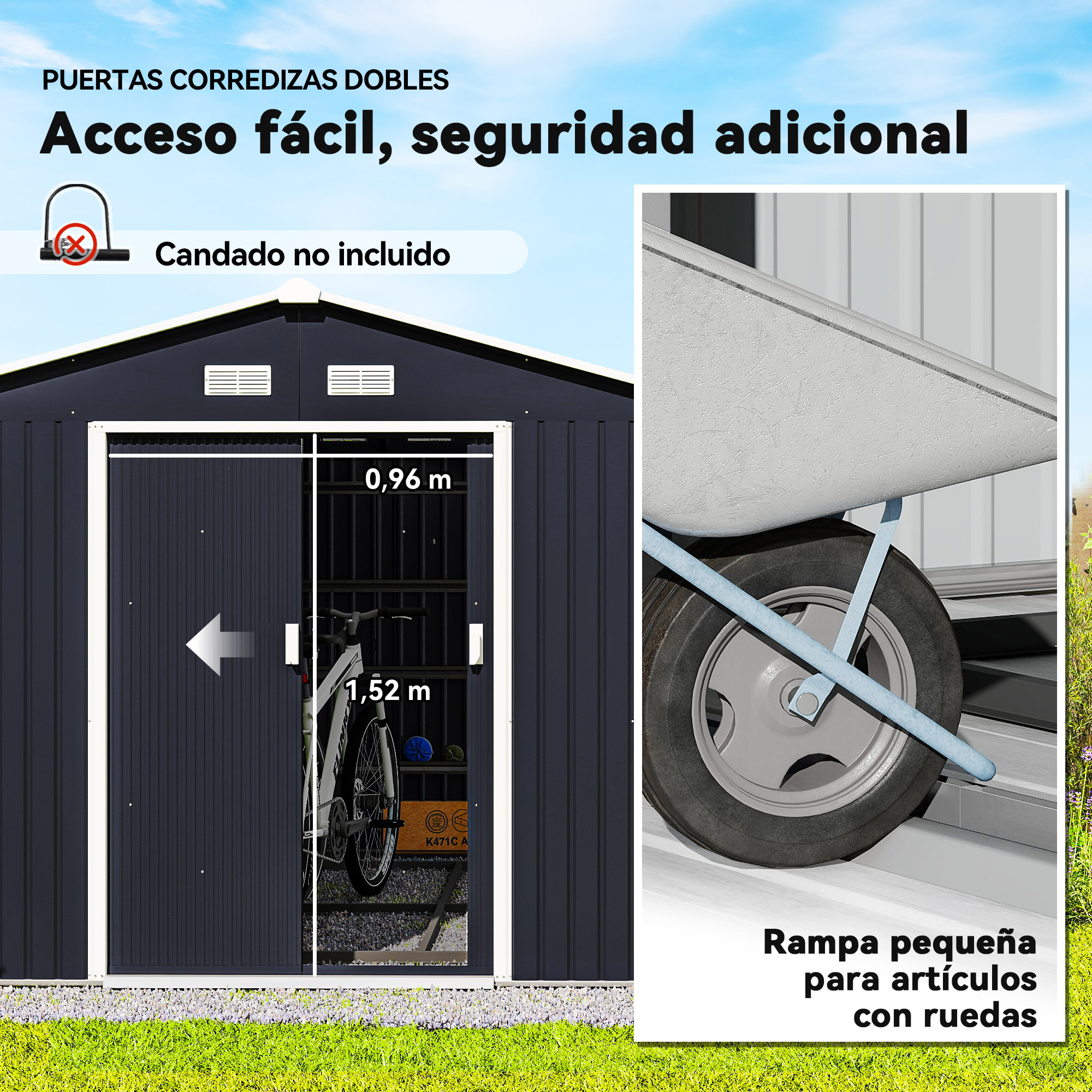 Se muestra un cobertizo oscuro con puertas correderas con una bicicleta adentro. Una carretilla está a la derecha. Se ve cielo azul.