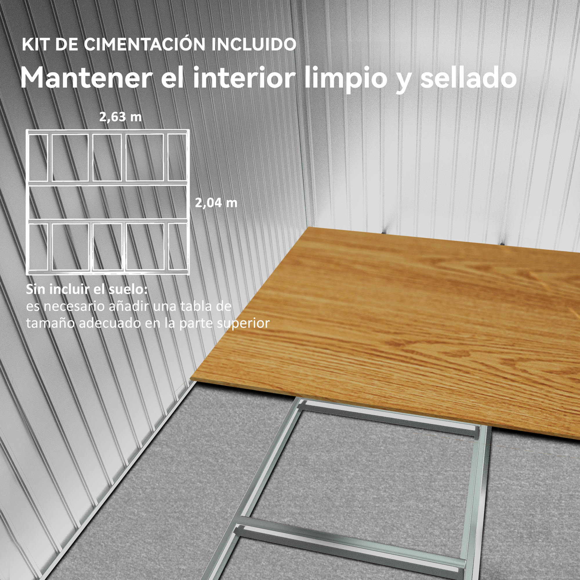Diagrama de una estructura con dimensiones. Una tabla de madera está colocada sobre un marco metálico. El fondo es un panel vertical.