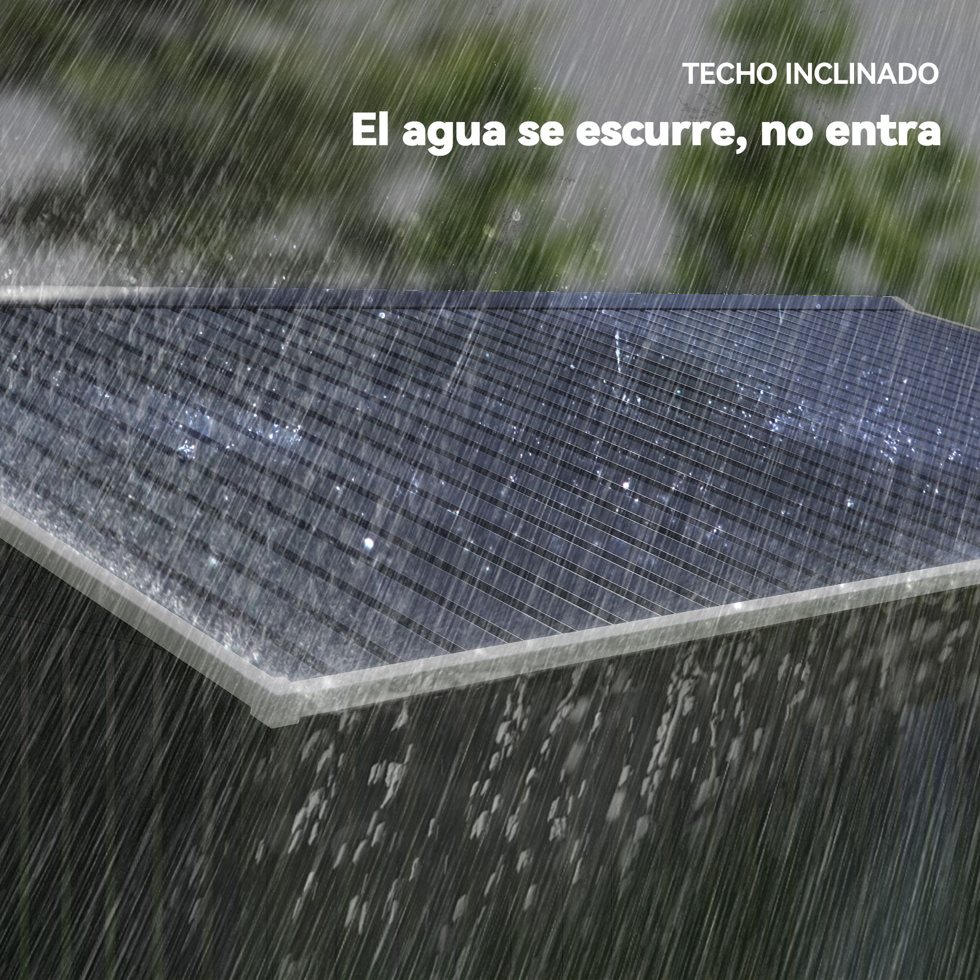 La lluvia cae sobre un techo inclinado. El agua corre, el texto dice 'El agua corre, no entra'.