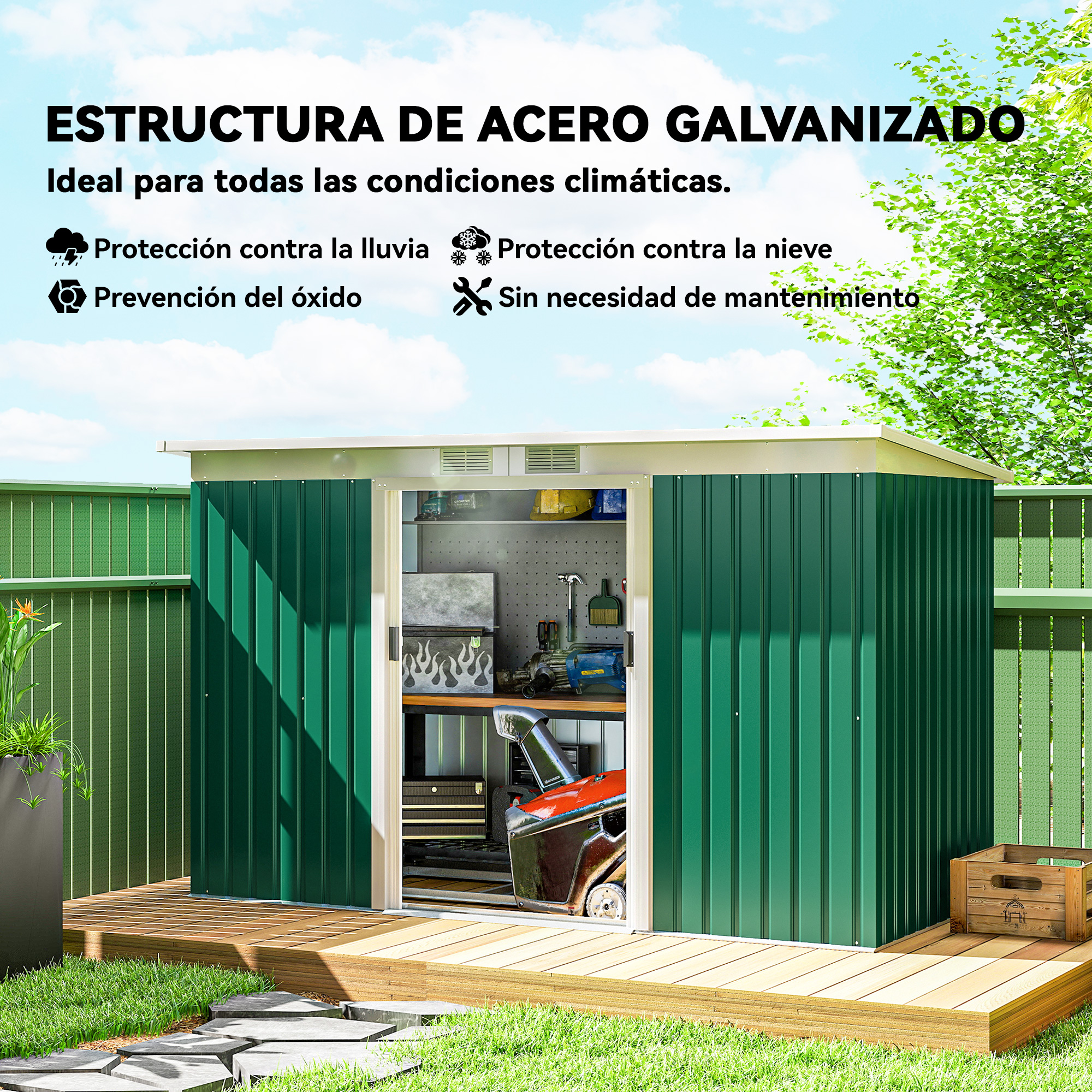 Cobertizo metálico verde con puerta abierta, herramientas dentro. Texto sobre acero galvanizado, protección climática, sin mantenimiento.