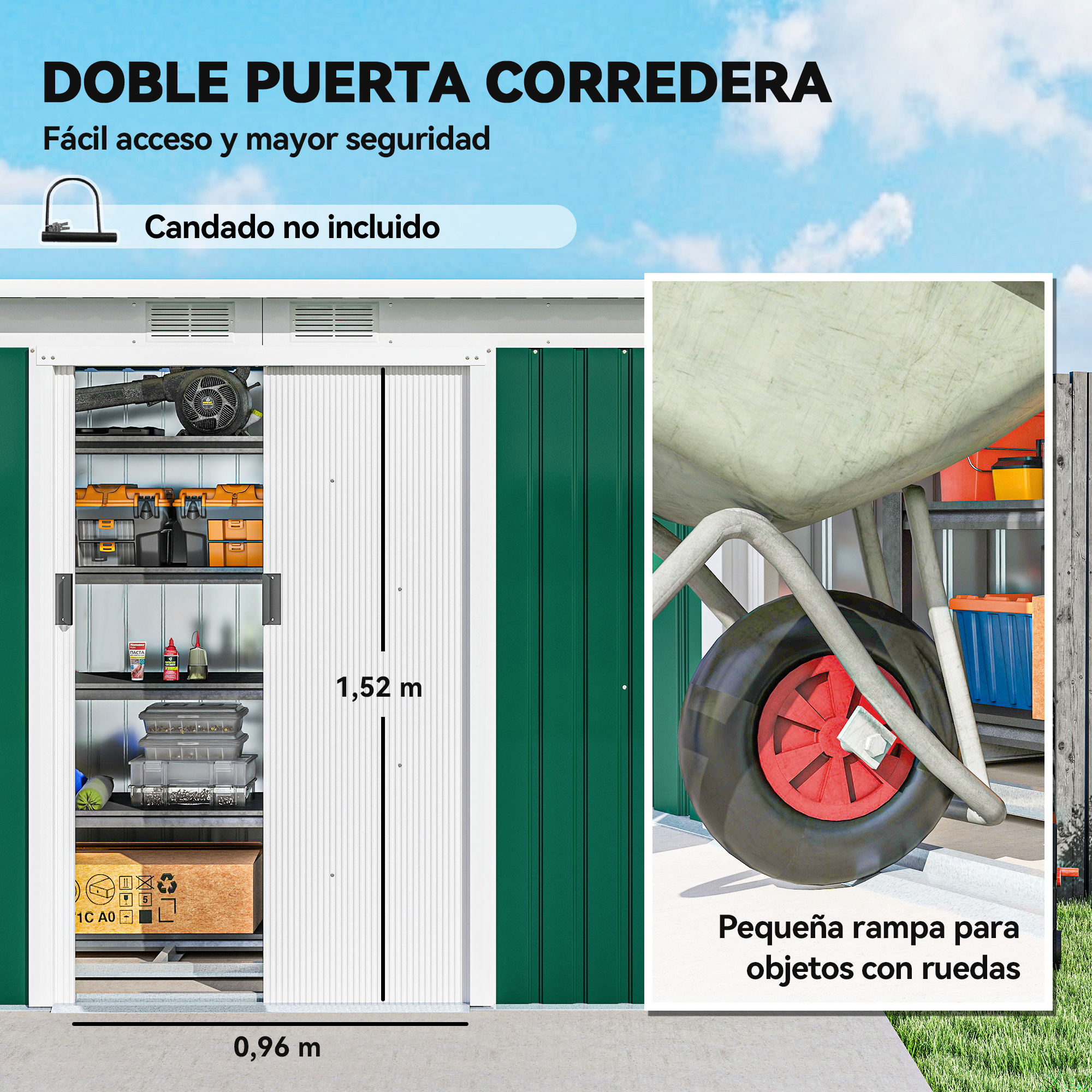 Cobertizo de doble puerta corredera con carretilla a la derecha. Presenta colores verde, blanco y rojo.