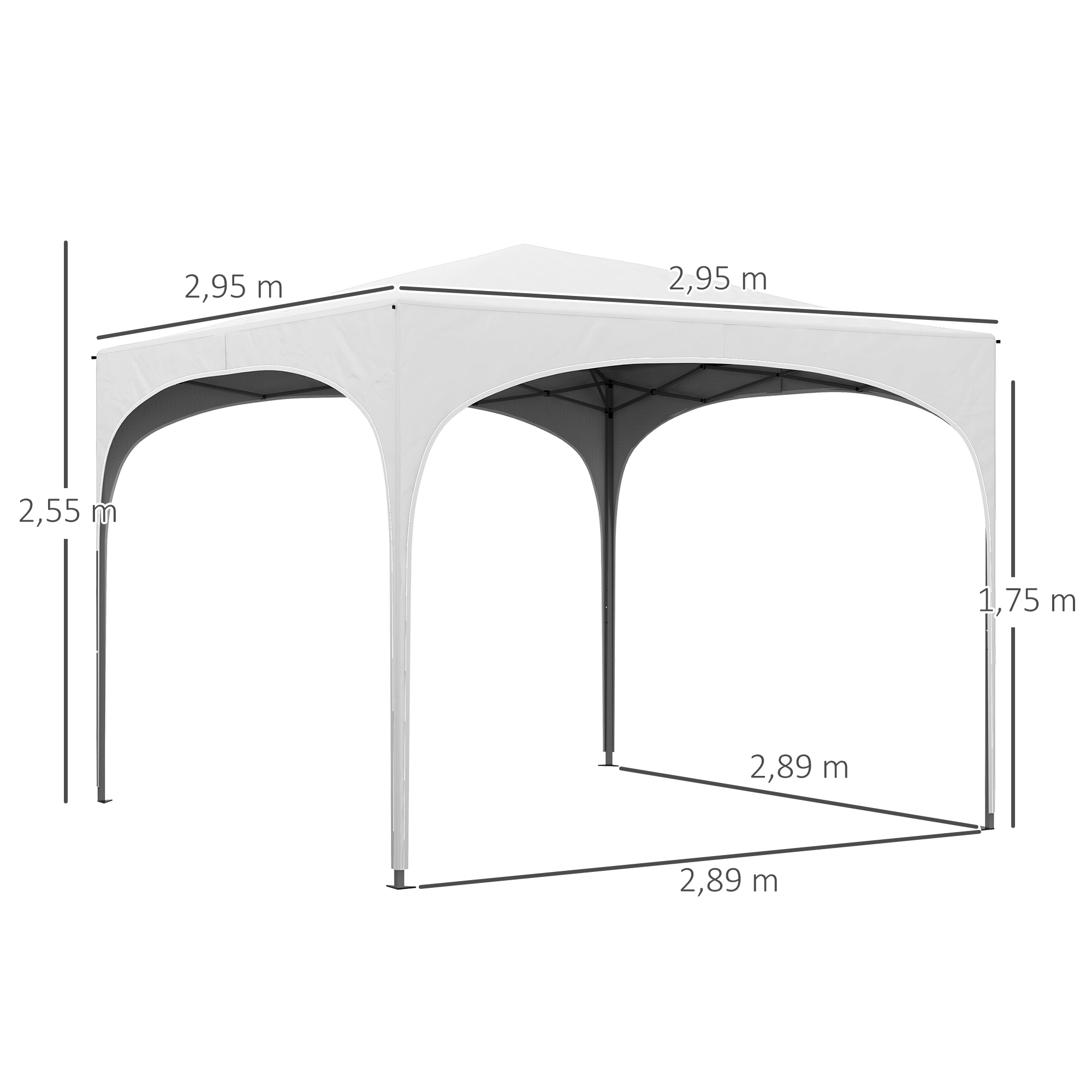 Una glorieta blanca con medidas: 2,95 m x 2,95 m arriba, 2,89 m x 2,89 m abajo, 2,55 m alto y 1,75 m alto.