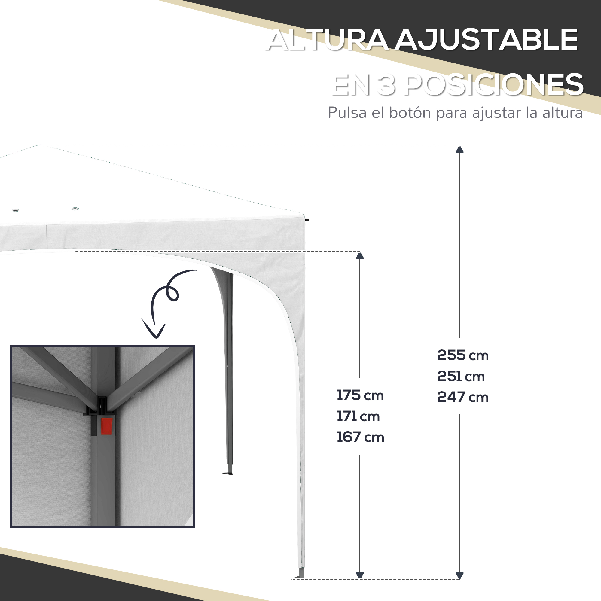 Imagen muestra una carpa de altura ajustable con texto y dimensiones en español. Un primer plano muestra el ajuste.