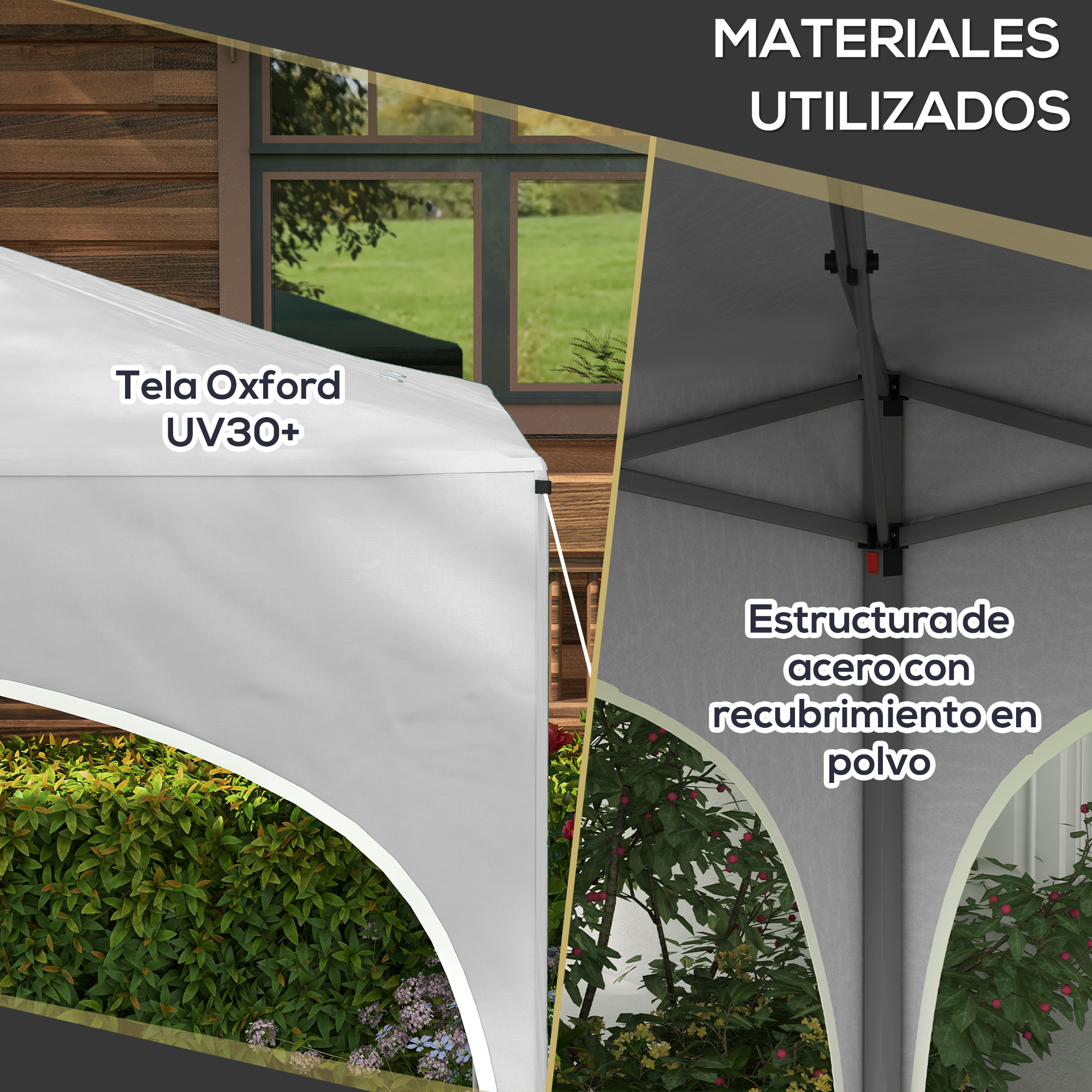 La imagen muestra tela Oxford blanca y estructura de acero. El texto indica protección UV30+ y recubrimiento en polvo.