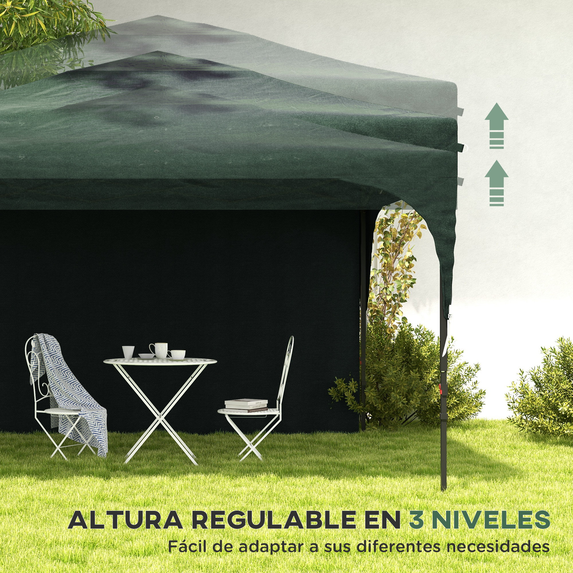 Toldo verde, mesa y sillas blancas sobre césped. Texto: Ajustable en 3 niveles. Fácil de adaptar.
