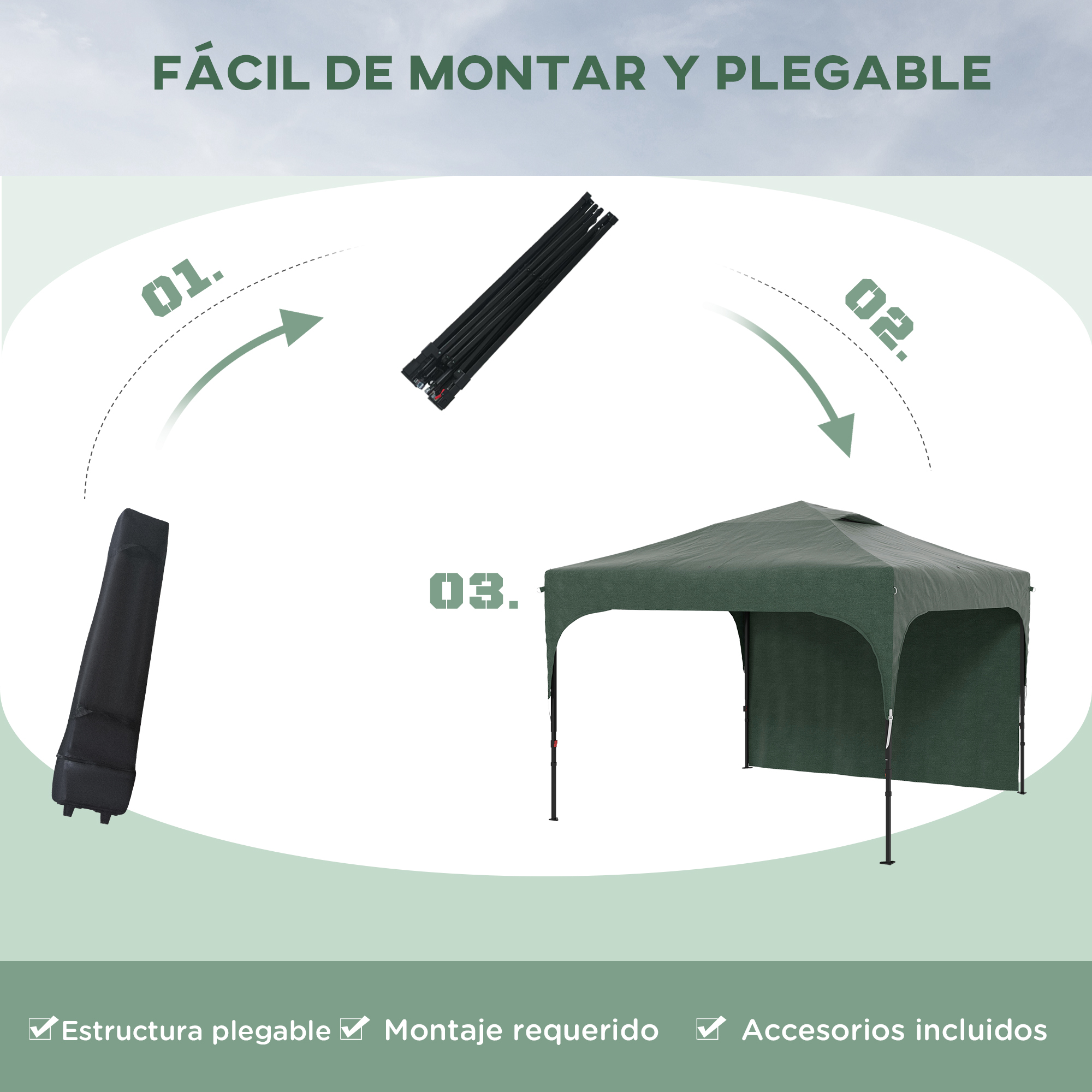 Diagrama que muestra el montaje de un dosel verde. Incluye estructura plegada, postes y dosel montado.