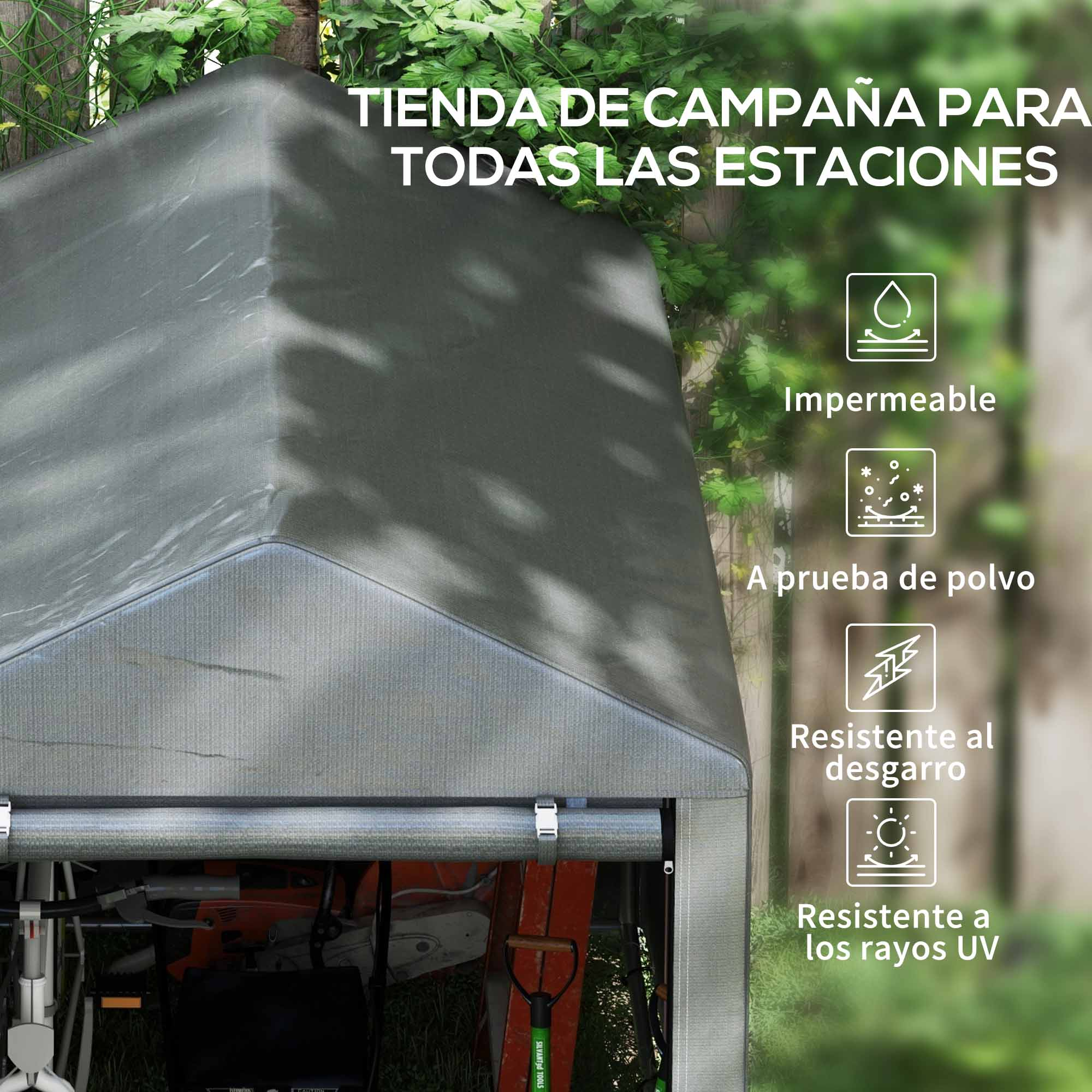Una tienda gris con texto en español, con funciones como impermeable y resistencia a los rayos UV, en un entorno forestal.