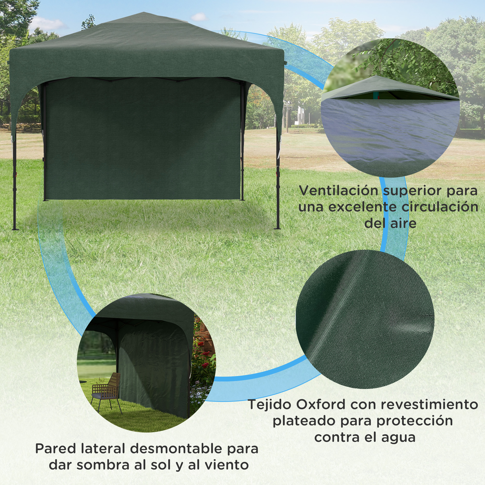 Toldo verde exterior con pared lateral desmontable, tejido Oxford y ventilación. En césped, cielo al fondo.