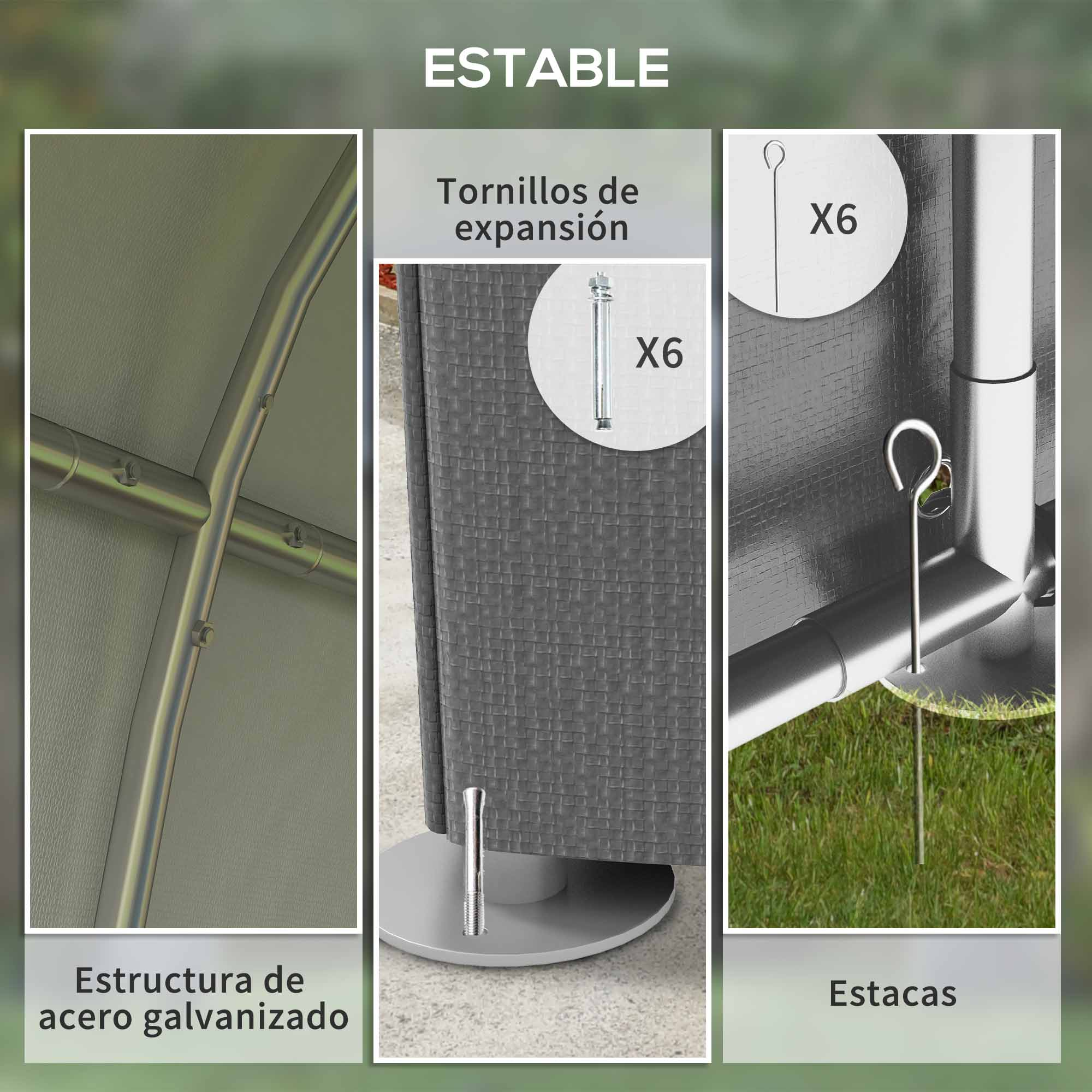 La imagen muestra partes de una estructura: marco de acero galvanizado, tornillos de expansión y estacas. Las piezas están sobre hierba y hormigón.